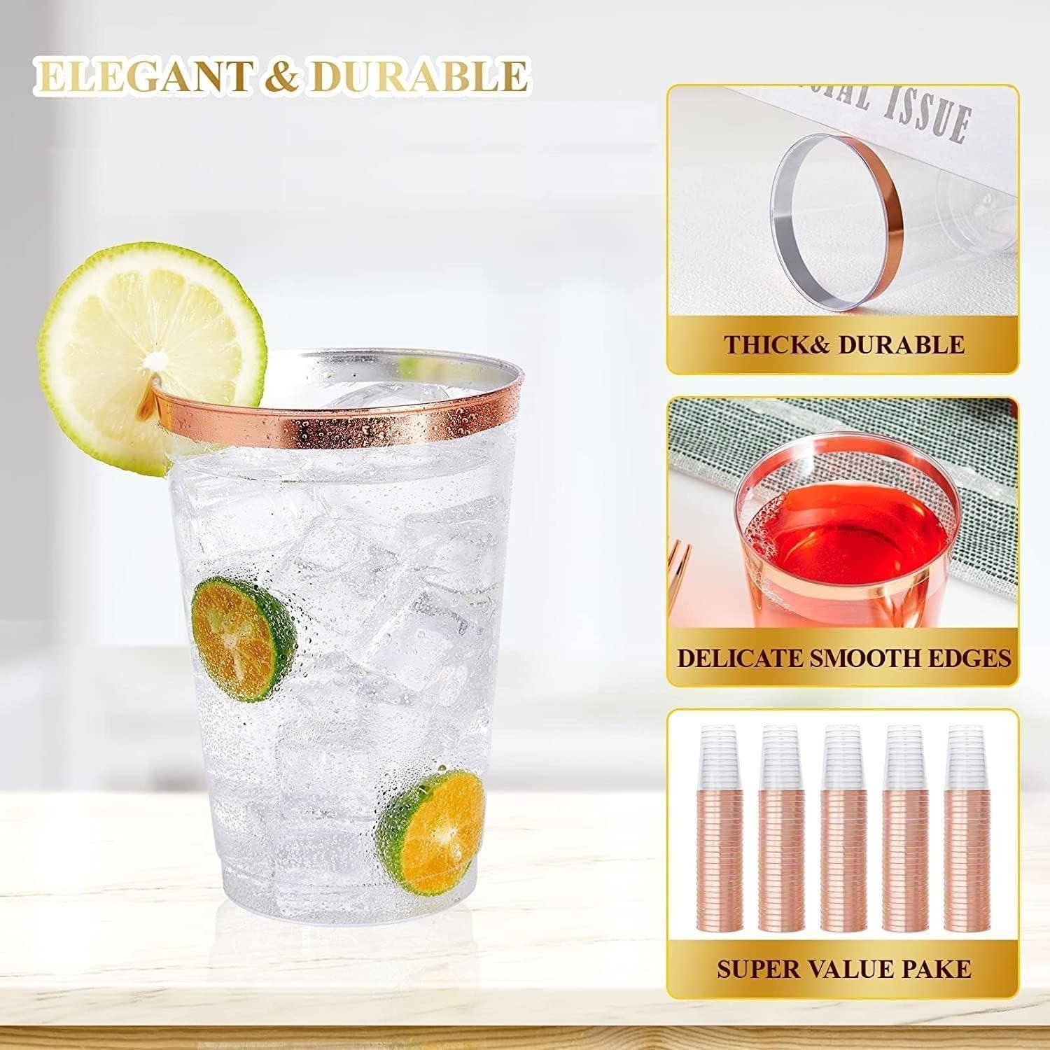 Ein klares Glas mit einem Kupferrand, gefüllt mit Eis, Limettenscheiben und einer Zitrone am Rand. Der Text hebt dicke, strapazierfähige, glatte Kanten und ein Super-Wertpaket hervor.