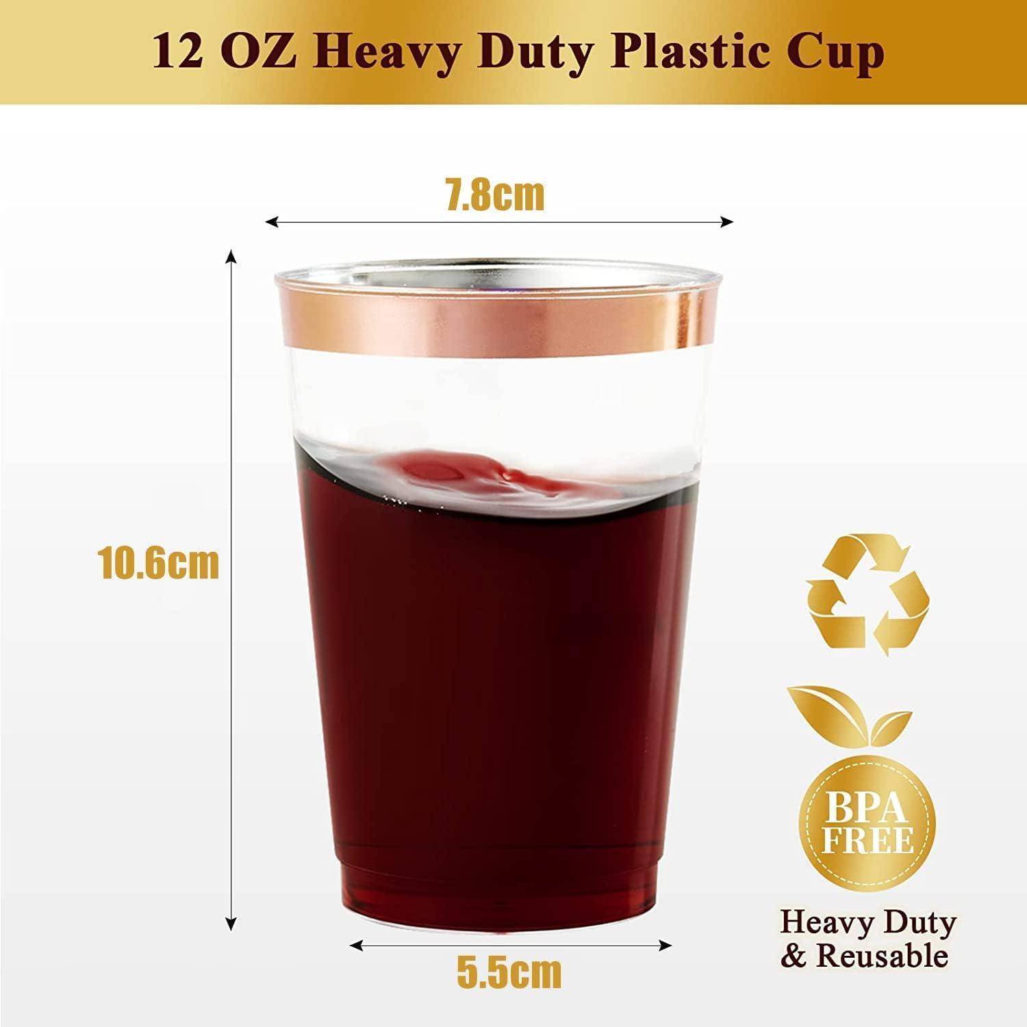 12 OZ Robuster Kunststoffbecher mit Messungen: 7,8 cm Durchmesser, 10,6 cm Höhe, 5,5 cm Basbreite. Eigenschaften: BPA-frei, wiederverwendbares Design.