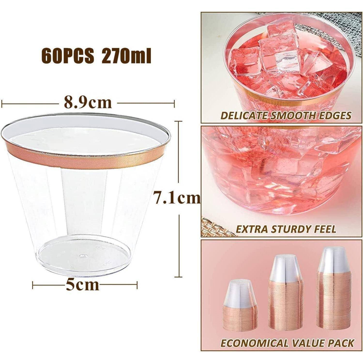60er Set Plastikbecher mit Roségoldrand 270ml, transparente