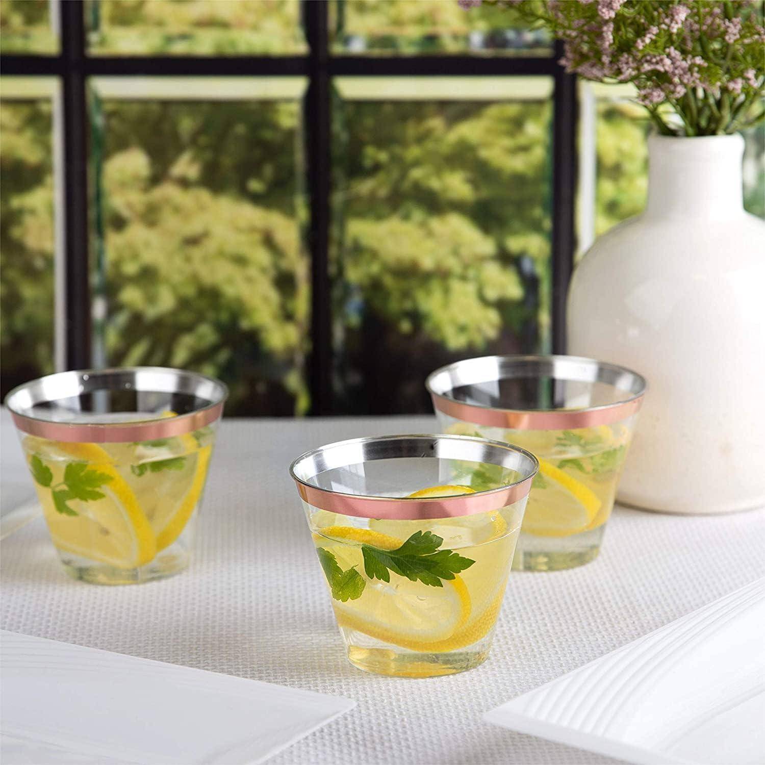 60er Set Plastikbecher mit Roségoldrand 270ml, transparente