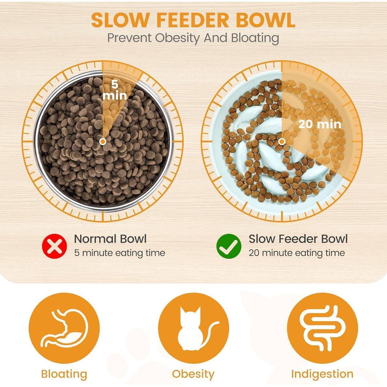 Slow Feeder Napf: Adipositas und Blähungen verhindern - Vergleich zwischen normalem Napf (5 Min. Futterzeit) und Slow Feeder Napf (20 Min. Futterzeit). Bilder veranschaulichen die Vorteile gegen Blähungen, Adipositas und Verdauungsstörungen.