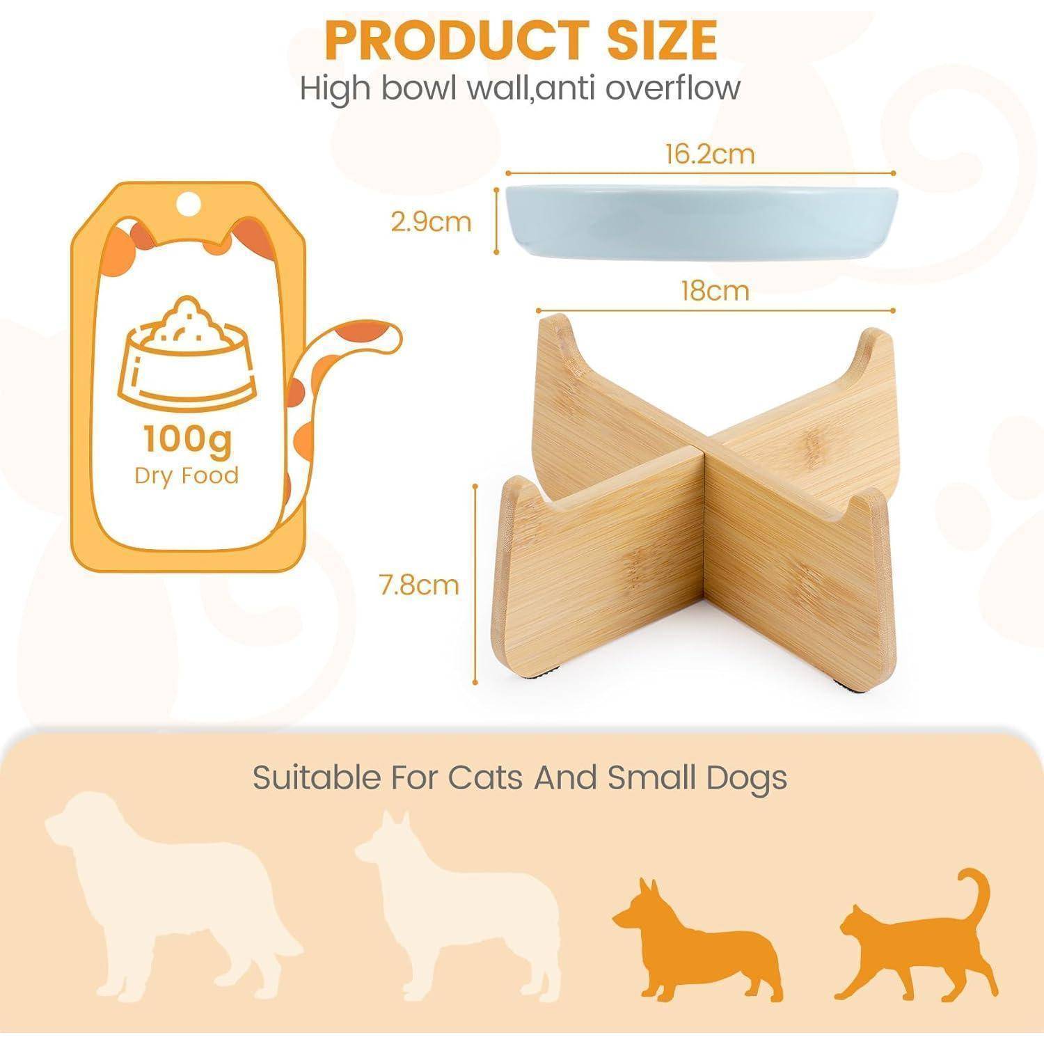 Produktgröße: Futternapf für Haustiere. Abmessungen: 16,2 cm x 2,9 cm; Holzständer 18 cm x 7,8 cm. Geeignet für Katzen und kleine Hunde. Kapazität: 100 g Trockenfutter. Hohe Napfwand, Überlaufschutz.
