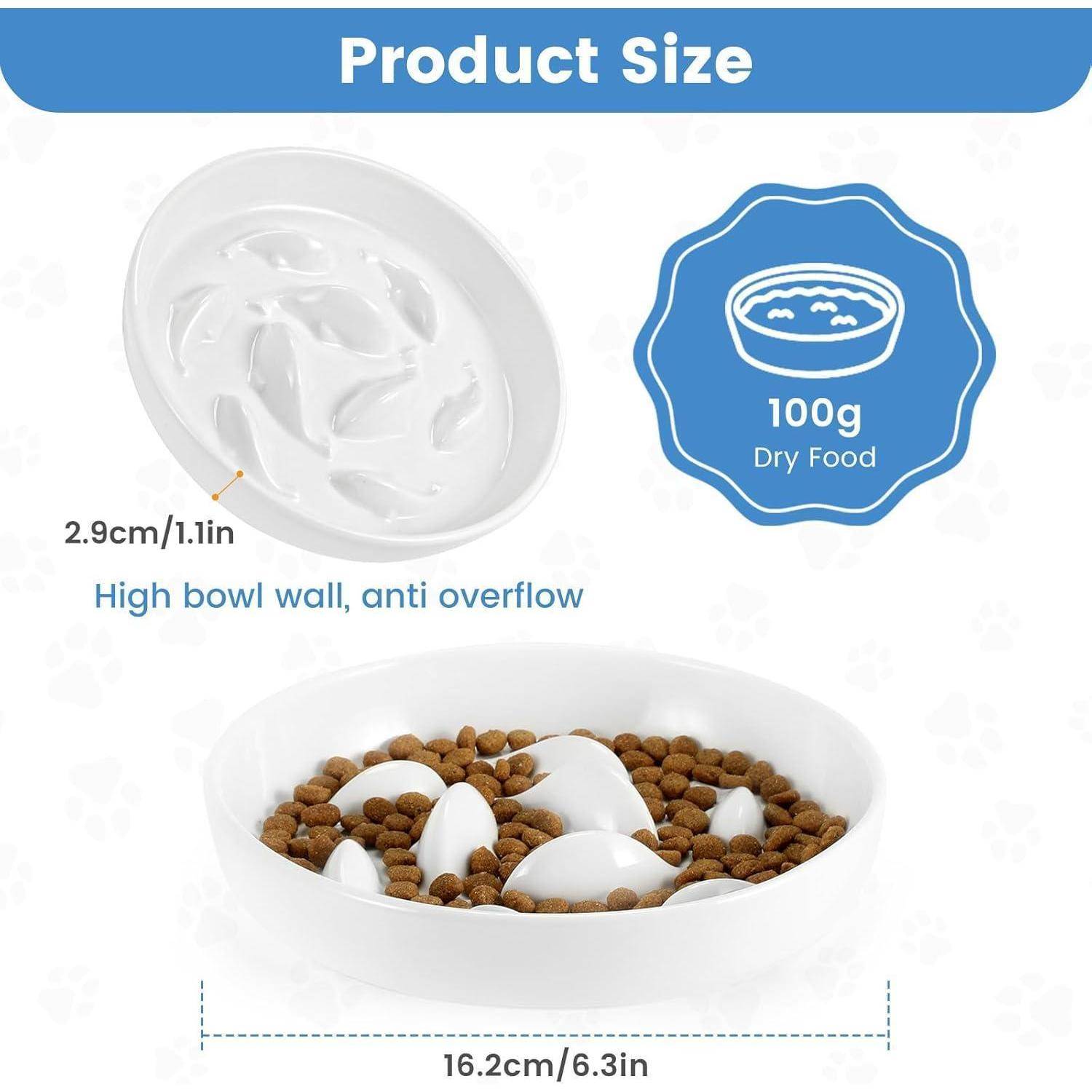 Eine Futternäpfe für Haustiere mit Rillen, 16,2 cm breit und 2,9 cm hoch, fasst 100 g trockenes Futter und ist so konzipiert, dass ein Überlaufen verhindert wird.
