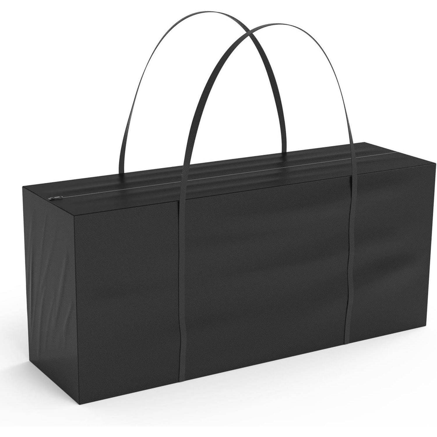 Eine schlanke, längliche schwarze Box mit zwei Griffen oben, die wie ein stilvoller Transportkoffer oder eine Aufbewahrungstasche aussieht, die vor einem hellen Hintergrund positioniert ist.