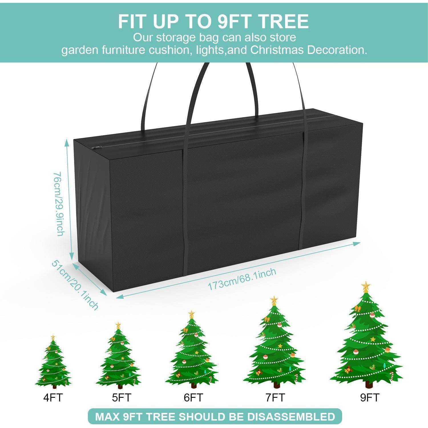 Aufbewahrungstasche 'PASST FÜR BAUM BIS ZU 9 FUSS', gezeigte Abmessungen: 173 cm x 51 cm x 76 cm. Darstellung von Bäumen von 4 Fuß bis 9 Fuß, mit Hinweis auf Dekoration-Aufbewahrung.