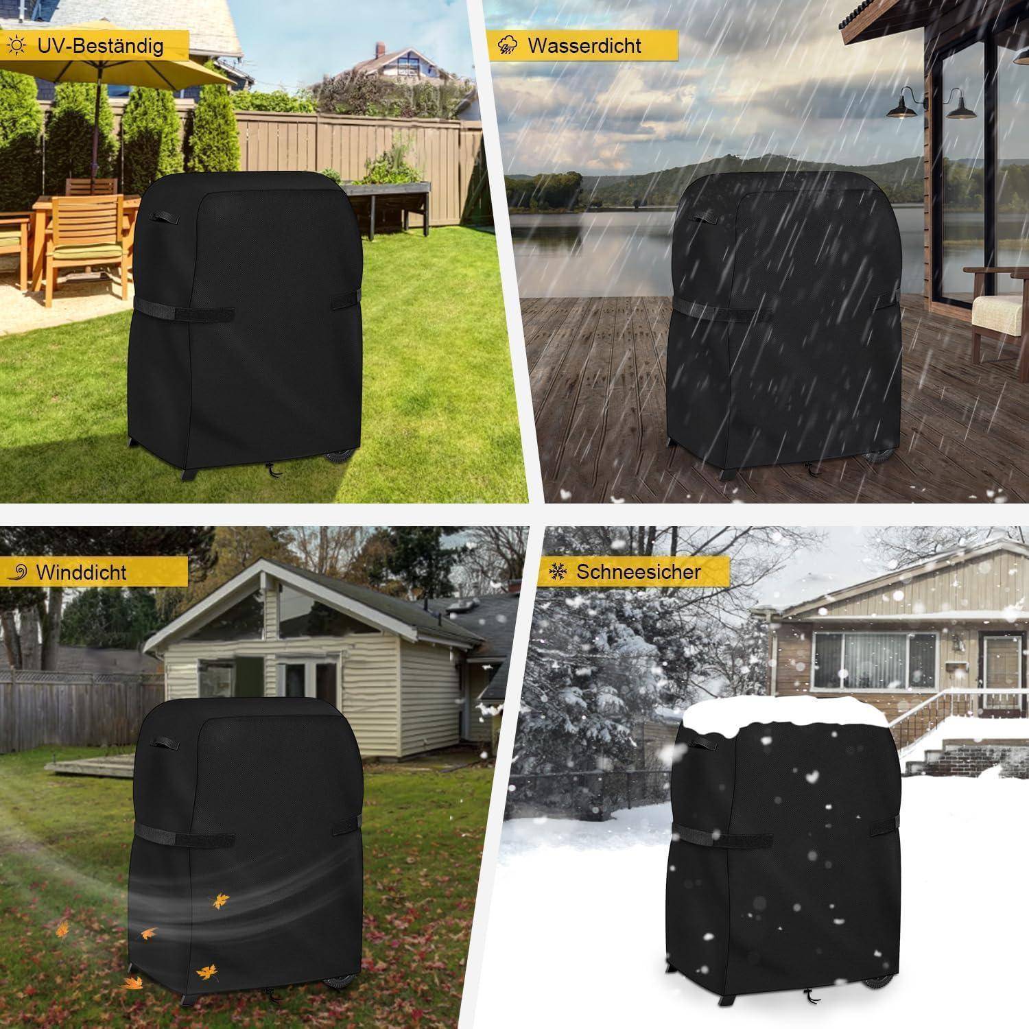 Vier Bilder zeigen eine schwarze Outdoor-Möbelabdeckung unter verschiedenen Wetterbedingungen: sonnig (UV-beständig), regnerisch (wasserdicht), windig (windbeständig) und schneebedeckt (schneefest).