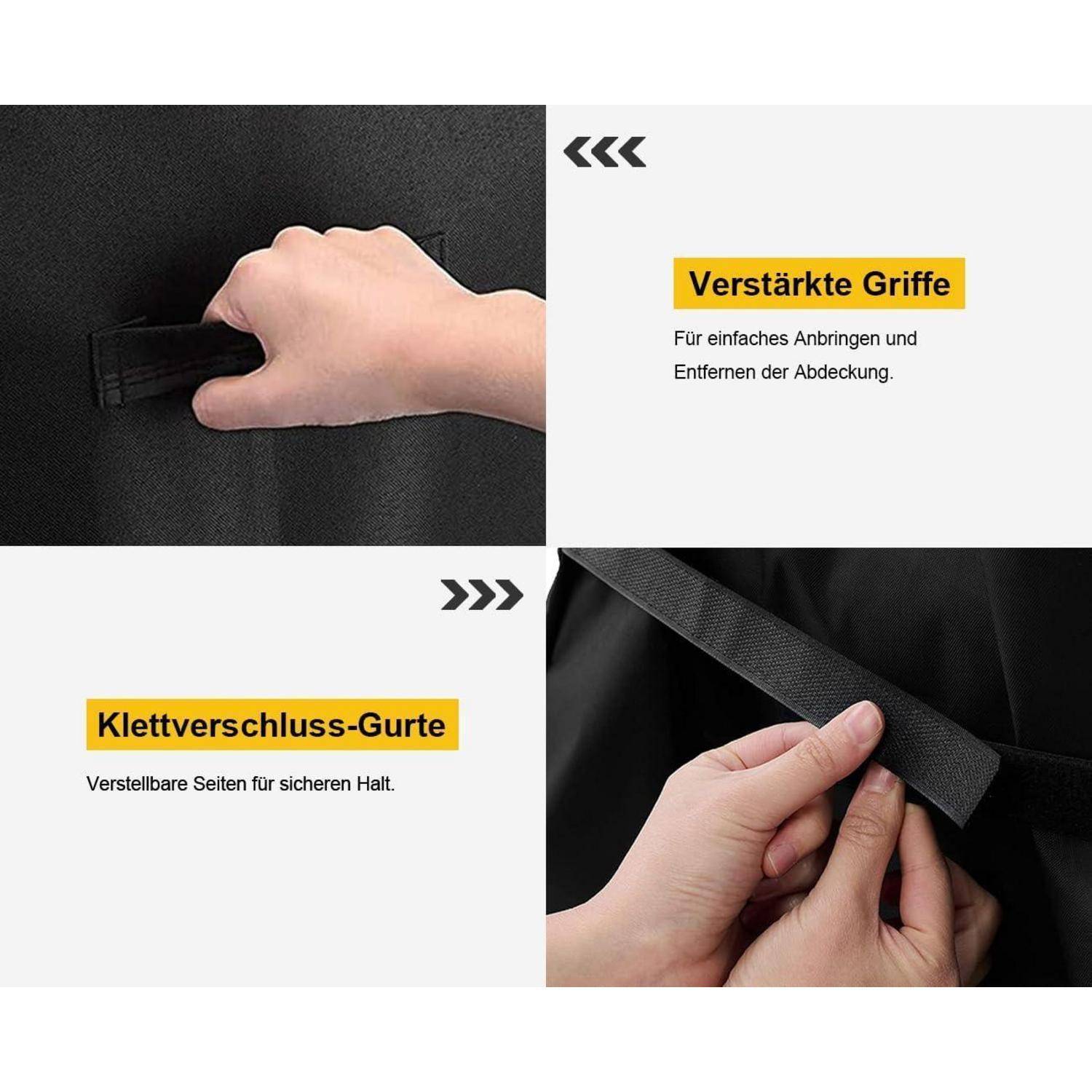 Verstärkte Griffe' und 'Klettverschluss-Gurte' weisen auf verstärkte Griffe und verstellbare Gurte zur sicheren Befestigung einer Abdeckung hin.