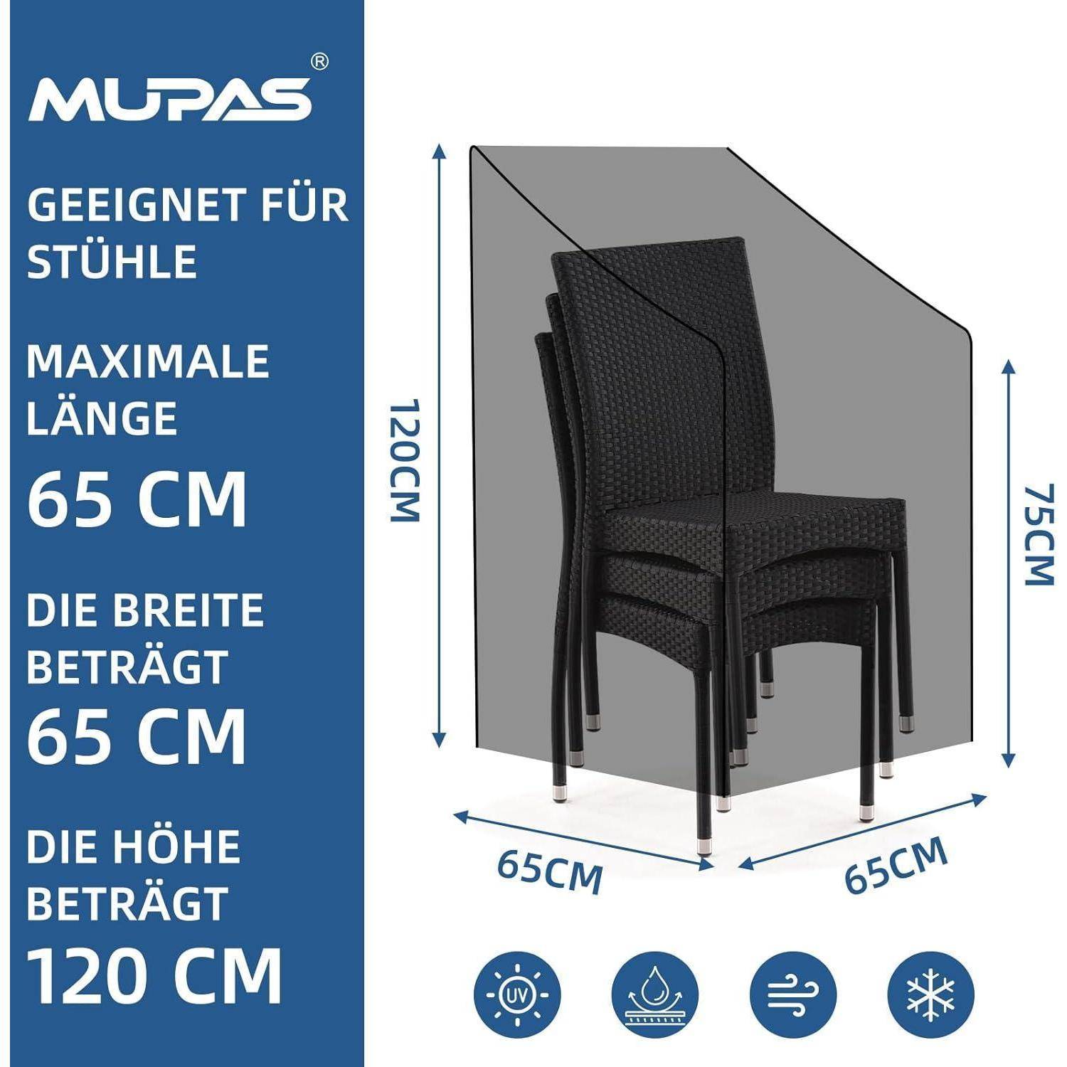 Plastikstuhllhulle von Mupas, geeignet für Stühle bis zu 65 cm breit, 75 cm hoch, 120 cm lang. Wasser- und UV-beständig, staubdicht.