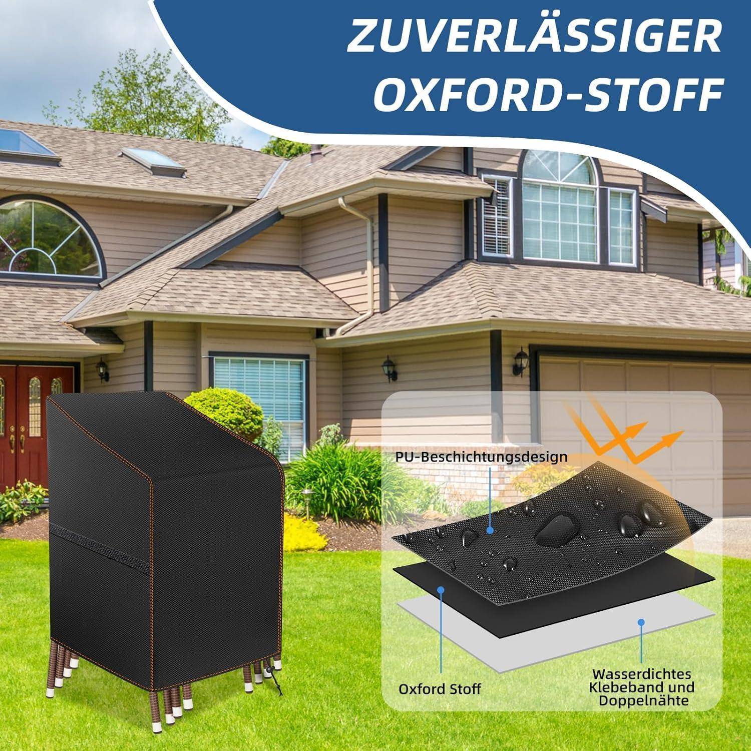 Ein braunes Haus mit einem großen Garten zeigt einen überdachten Terrassenstuhl im Vordergrund. Ein Einschub hebt den 'Oxford Stoff' und die Wasserbeständigkeit hervor.