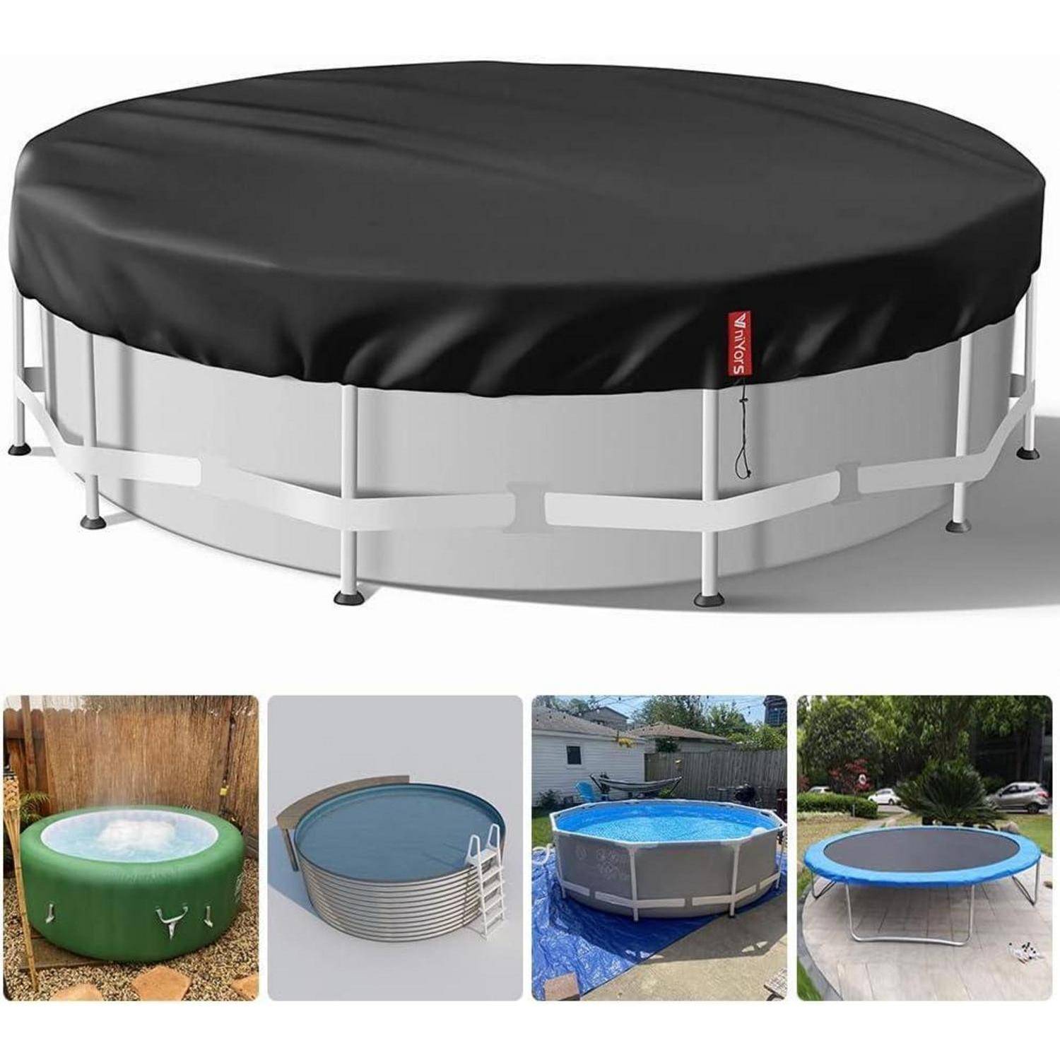 Rundes Pool über der Erde, das mit einer schwarzen Plane abgedeckt ist. Vier kleinere Bilder darunter zeigen verschiedene Pools mit Abdeckungen in unterschiedlichen Umgebungen.