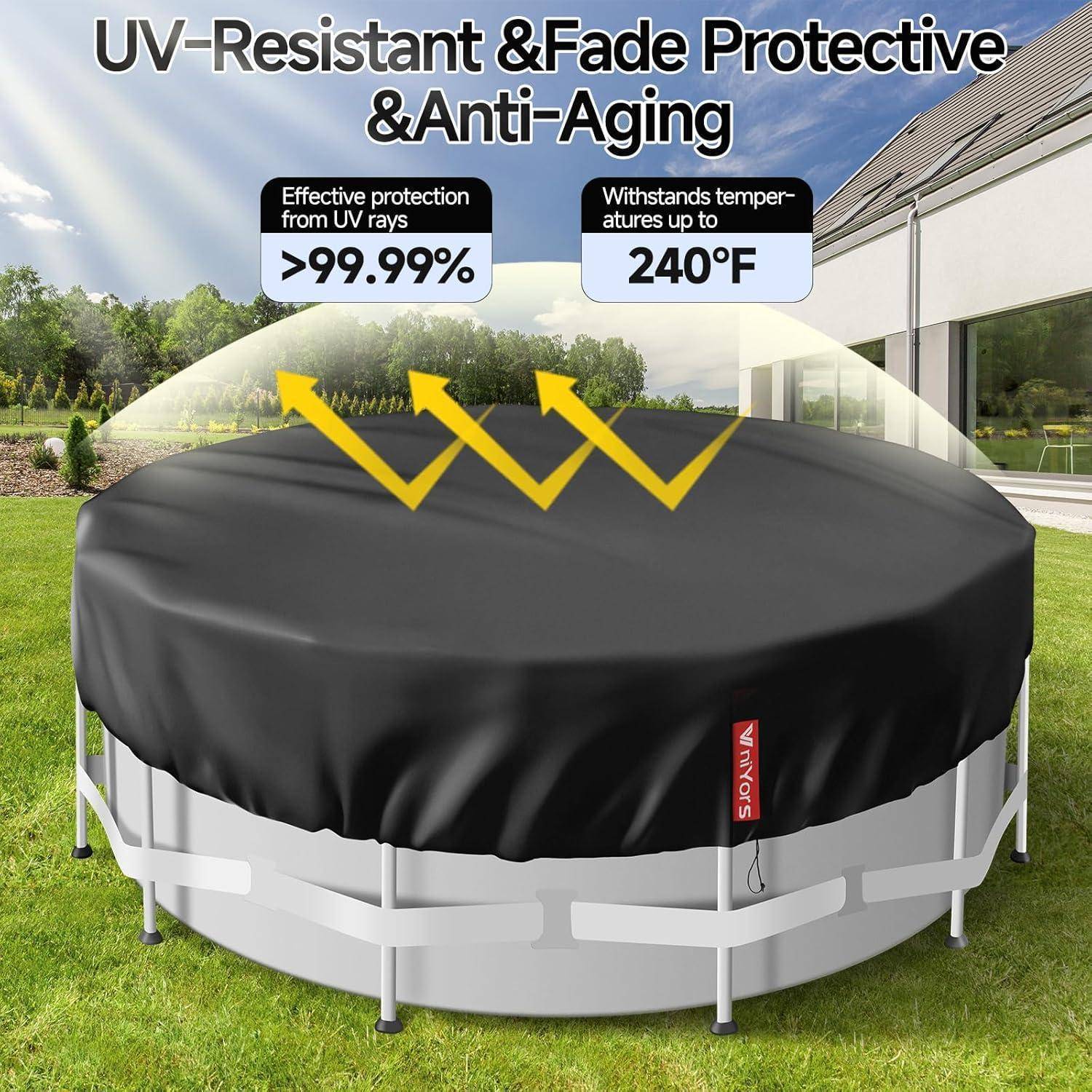 UV-beständige & verblassungsschützende & Anti-Aging Poolabdeckung, die UV-Strahlen und Temperaturen bis zu 240°F widersteht, dargestellt auf einem kreisförmigen Pool.
