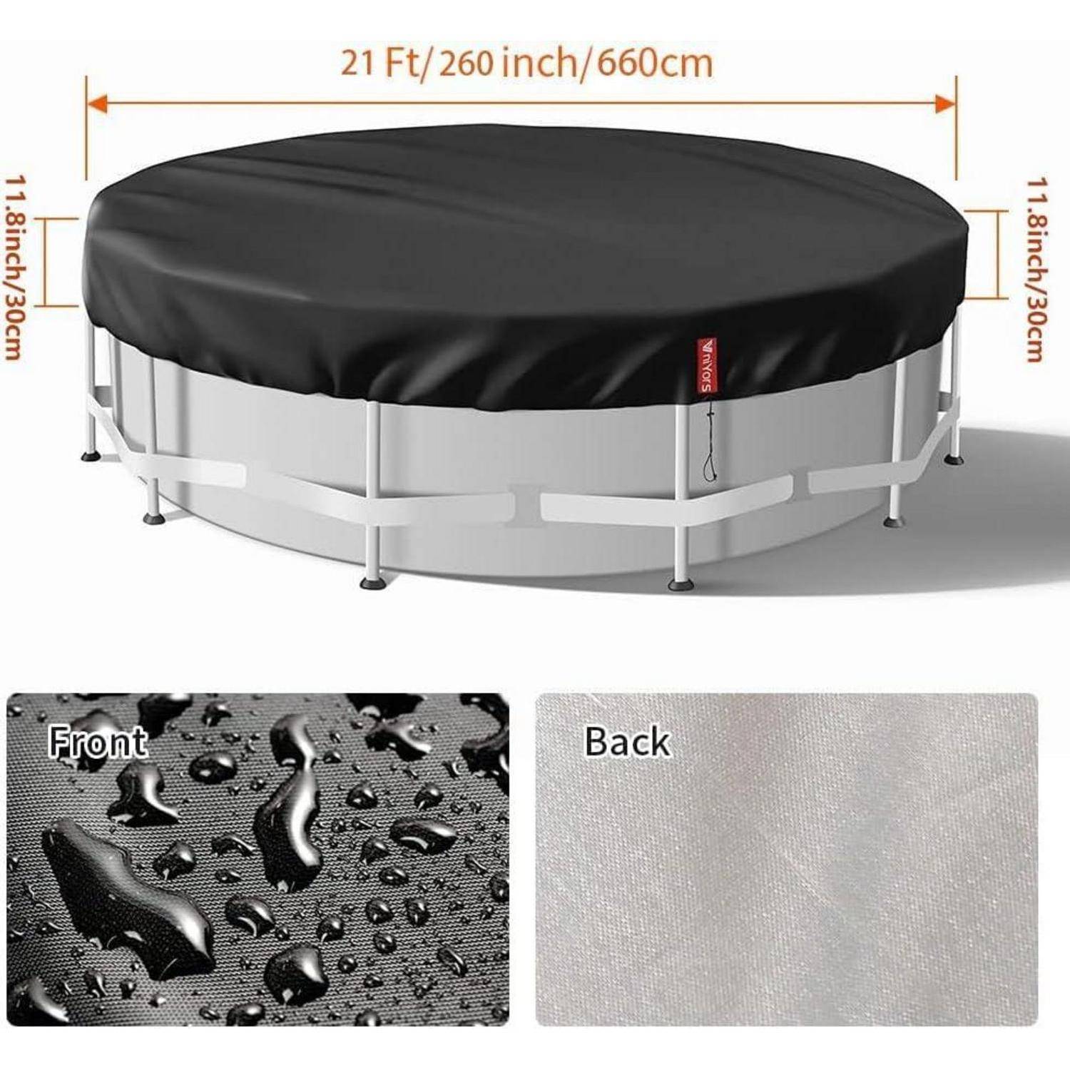 Runde Poolabdeckung mit einem Durchmesser von 6,4 Metern, mit Bildern, die die wasserdichte Vorderseite mit Tropfen und die schlichte Rückseite zeigen.