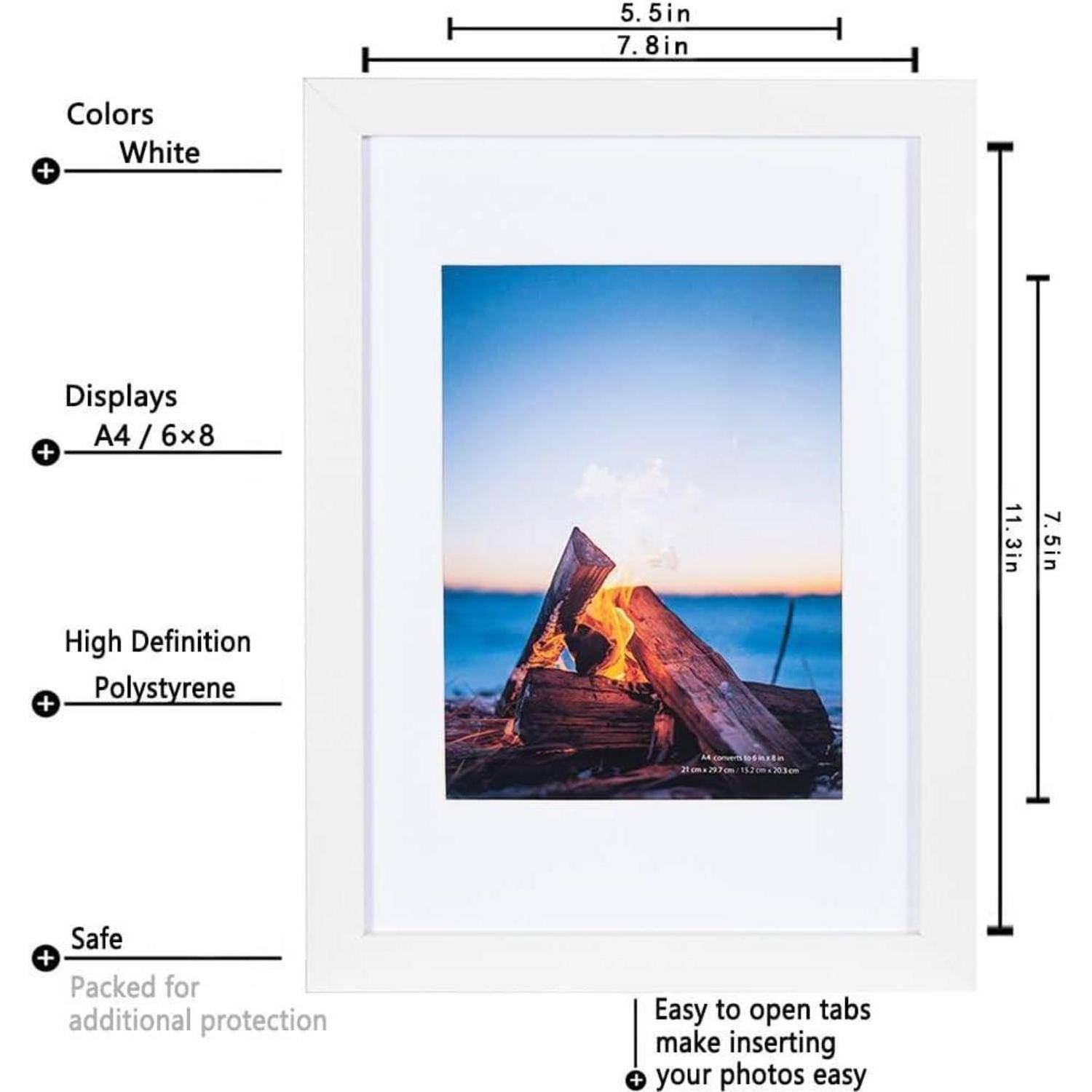 Ein weißer Bilderrahmen zeigt ein hochauflösendes Foto im A4- oder 6x8-Format von einem Lagerfeuer bei Sonnenuntergang. Rahmendimensionen: 5,5 x 7,8 Zoll.