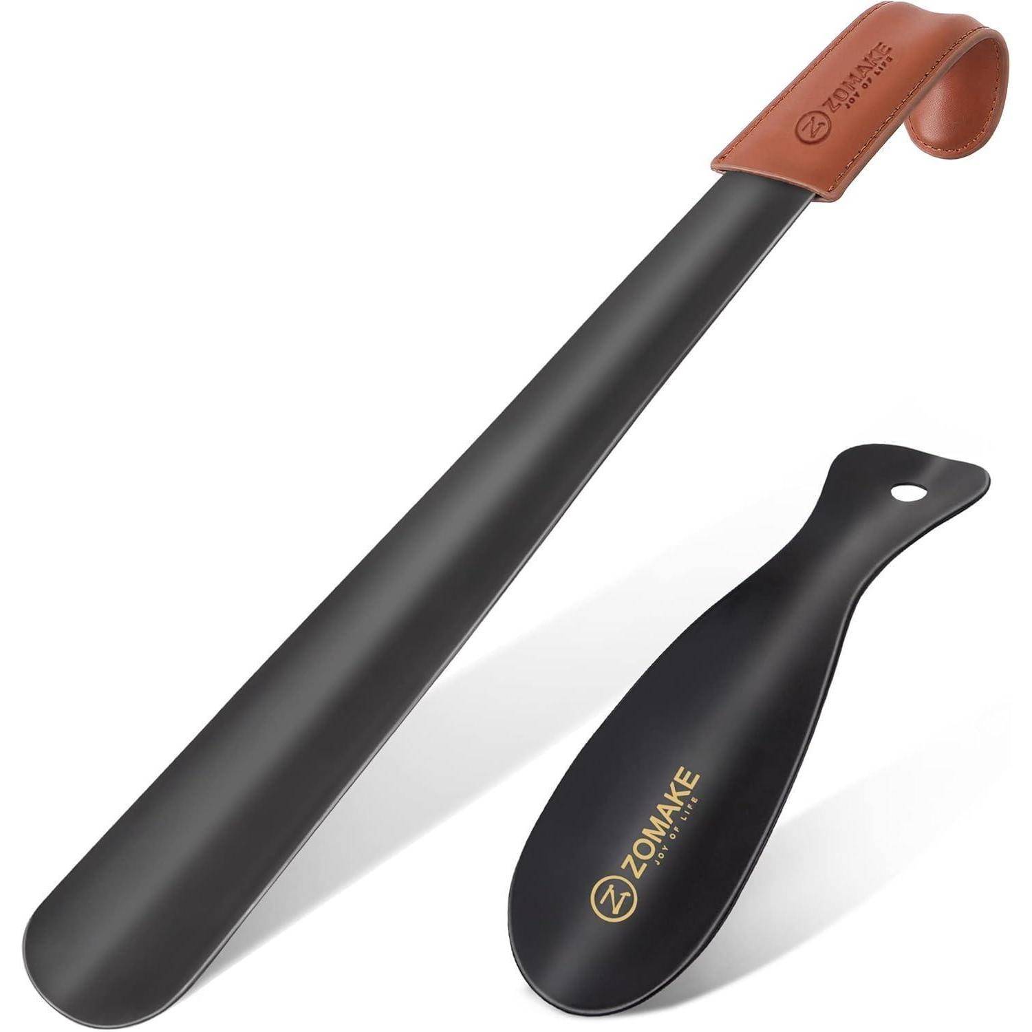 Schuhlöffel Set 2er 42cm Schwarz Lederband Edelstahl Stabil für
