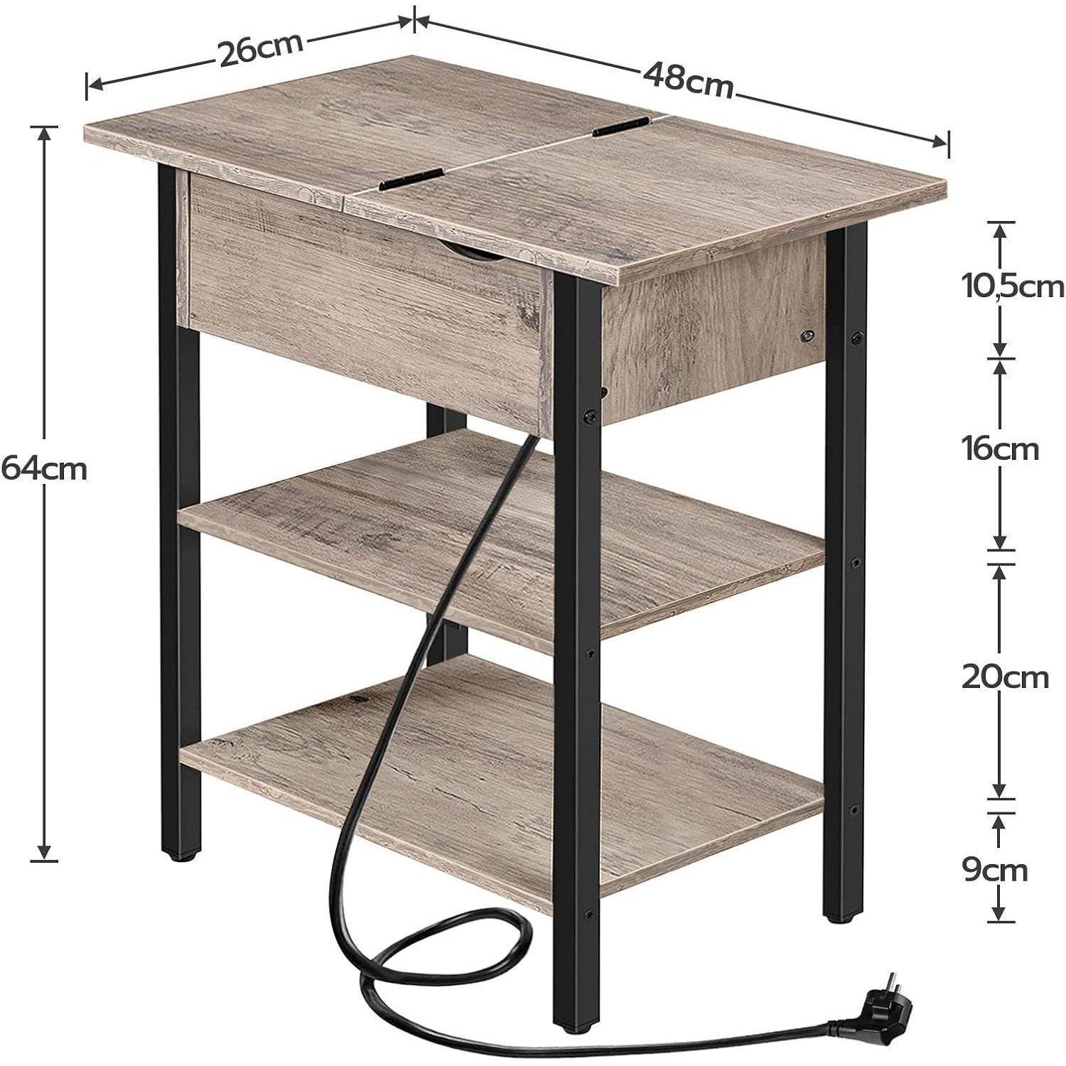 Ein kleiner Holzschreibtisch mit zwei Regalen und Metallbeinen, misst 64 cm hoch, 48 cm breit und 26 cm tief. Ein Kabel ist in den Schreibtisch eingesteckt.