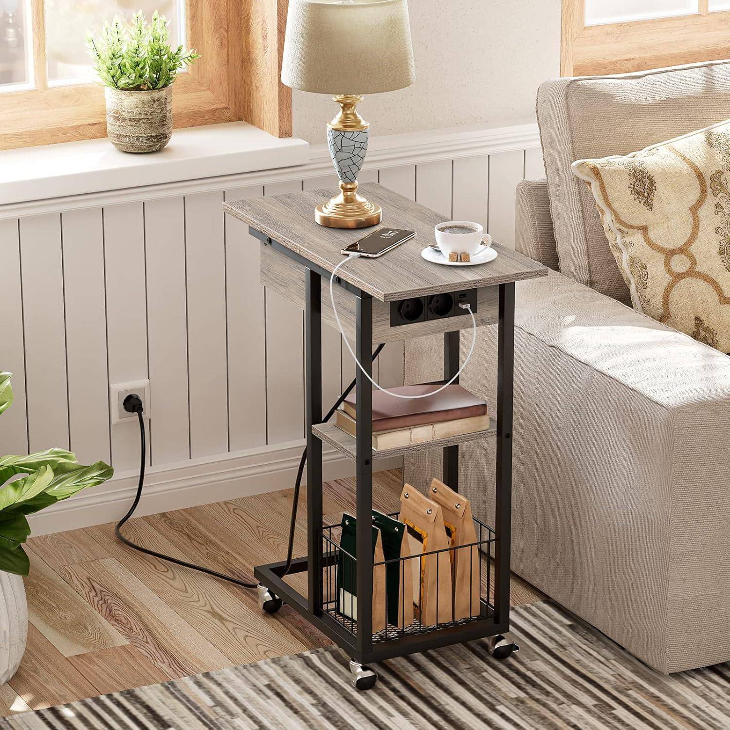 Beistelltisch mit Ladestation Flip C-Form Sofatisch Rädern