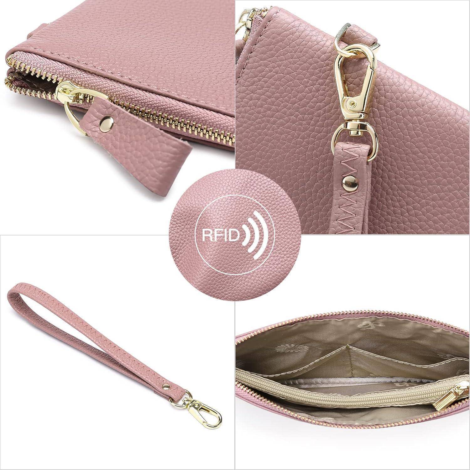 Damen Handtasche RFID Schutz Clutch Geldbörse Leder Dunkelpink