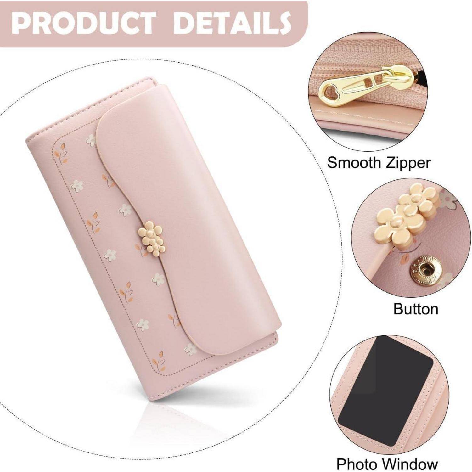 Pinke Geldbörse mit floralen Details verfügt über einen glatten Reißverschluss, einen Blumenknopf und ein Fotoaufnahmefach, wie in den Bildkreisen hervorgehoben.