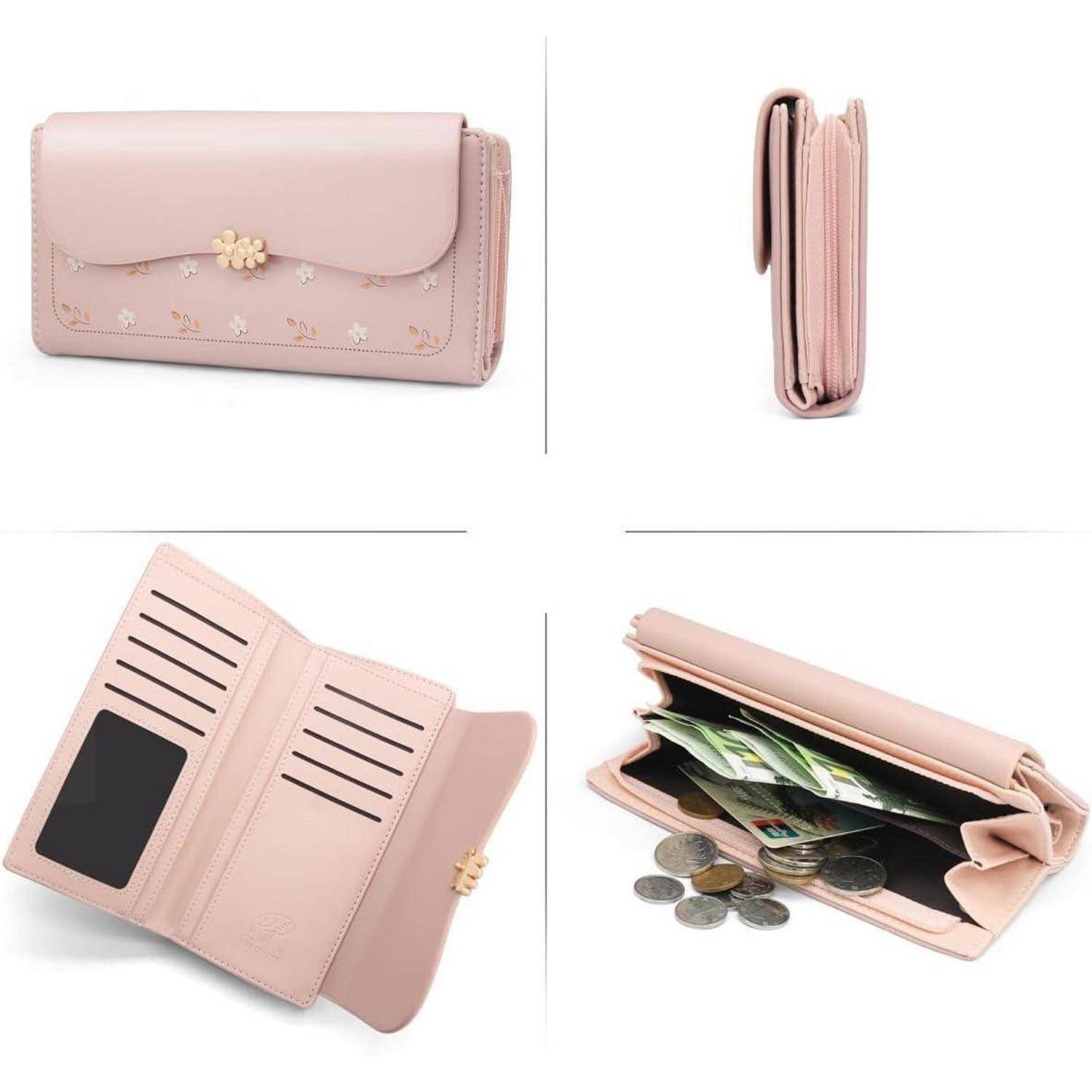 Ein rosa Portemonnaie mit einer Blumenspange und mehreren Fächern, geöffnet und geschlossen präsentiert, mit Kartenfächern und Bargeldablage.