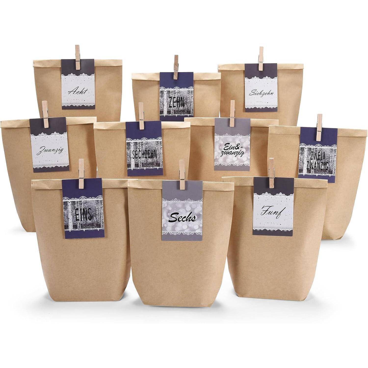 Adventskalender zum Befüllen 24 Weihnachtstüten Kraftpapier Blau Grau