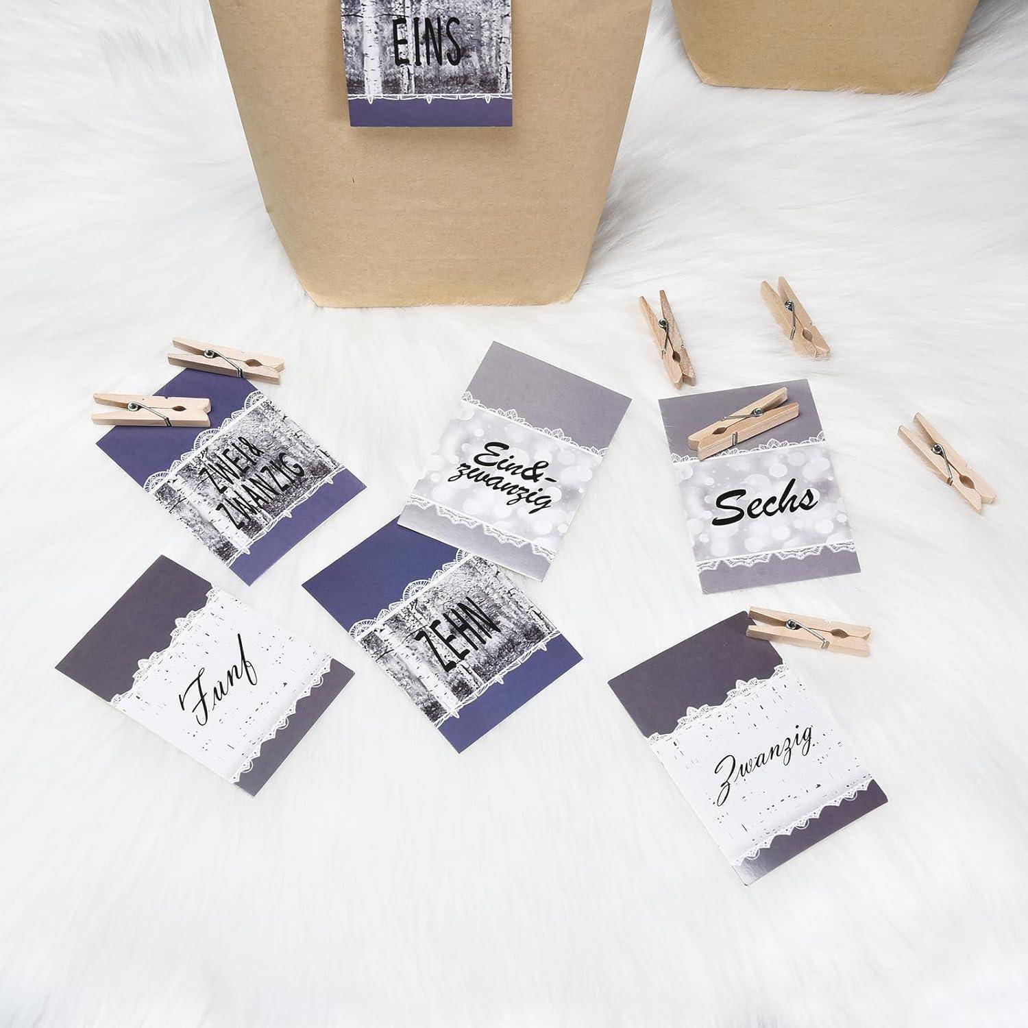 Adventskalender zum Befüllen 24 Weihnachtstüten Kraftpapier Blau Grau
