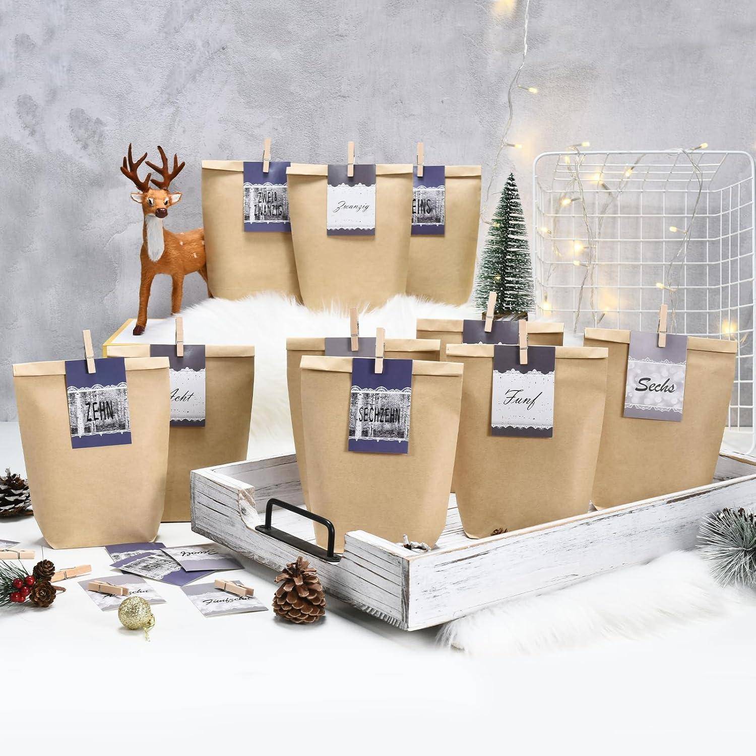 Adventskalender zum Befüllen 24 Weihnachtstüten Kraftpapier Blau Grau