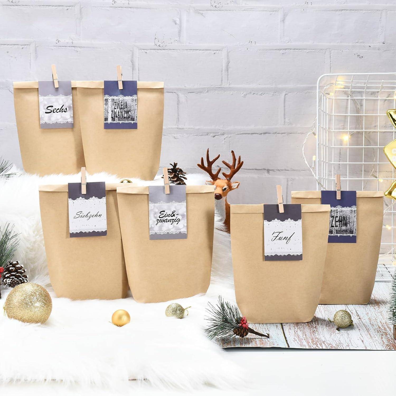 Adventskalender zum Befüllen 24 Weihnachtstüten Kraftpapier Blau Grau