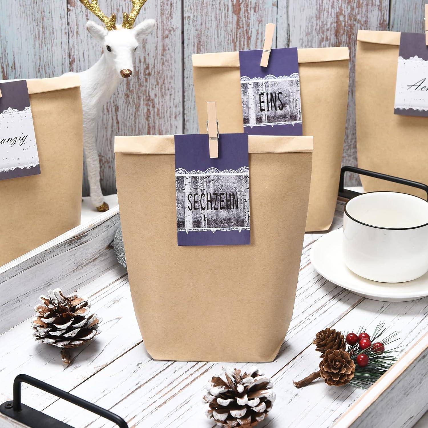 Adventskalender zum Befüllen 24 Weihnachtstüten Kraftpapier Blau Grau