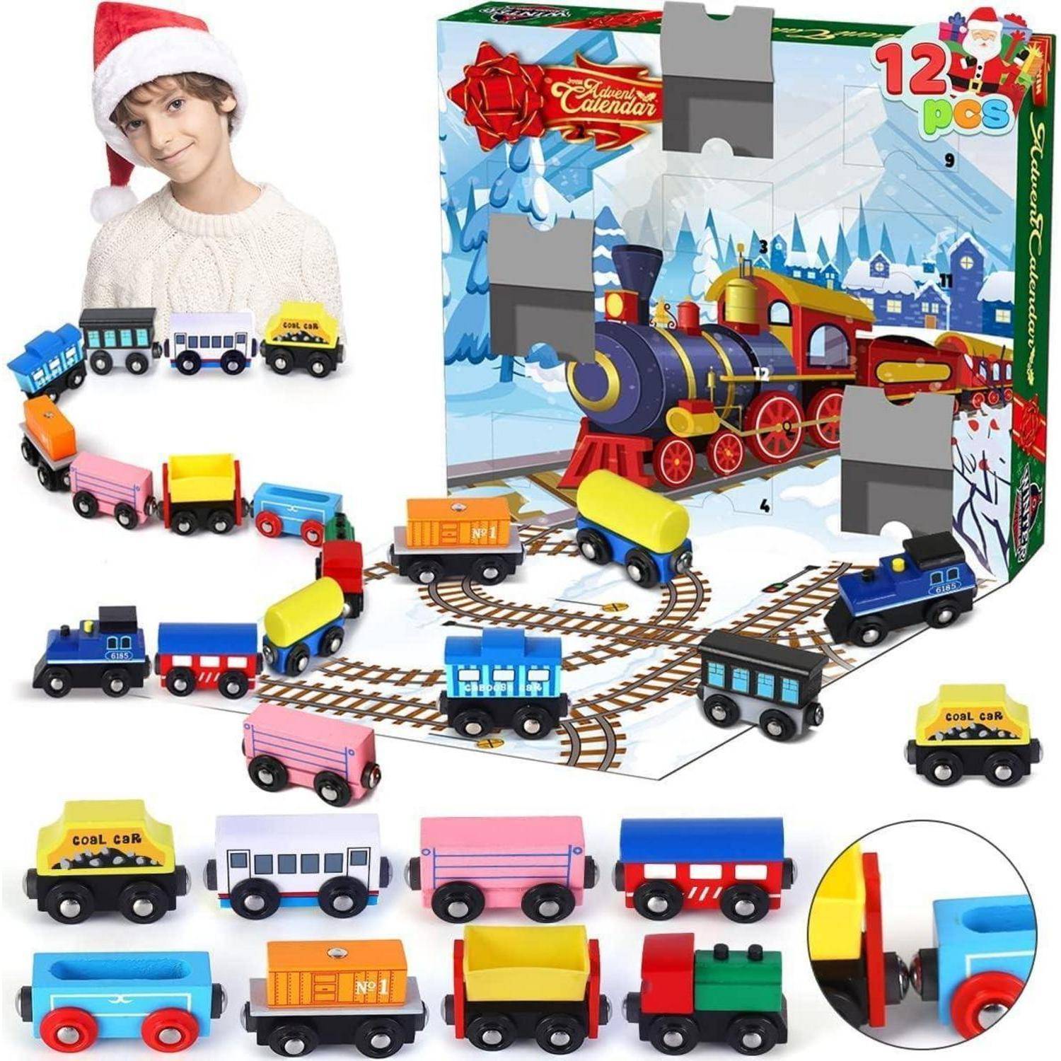 Weihnachts-Adventskalender 2024 mit 12 holzigen Waggons, magnetische