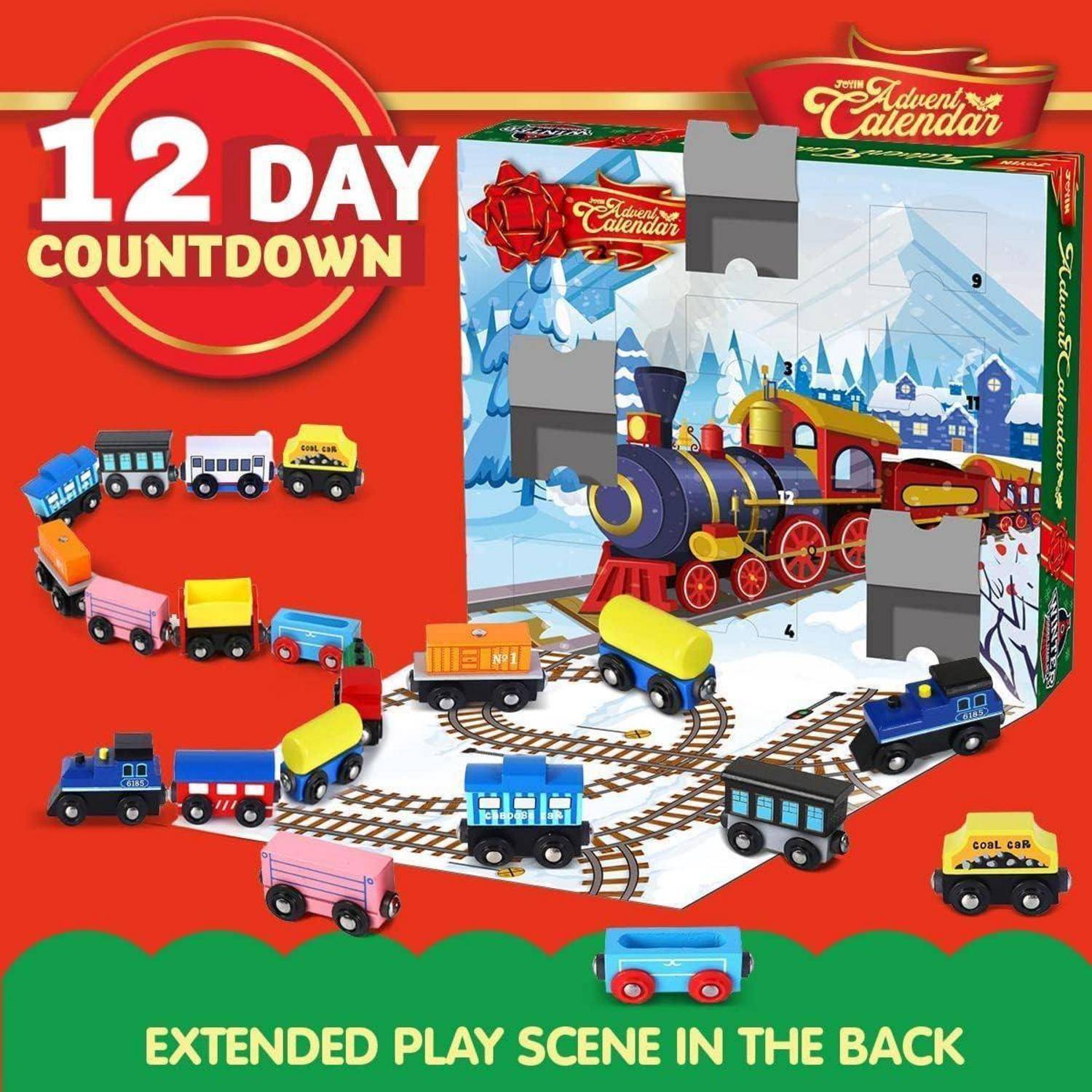 Weihnachts-Adventskalender 2024 mit 12 holzigen Waggons, magnetische