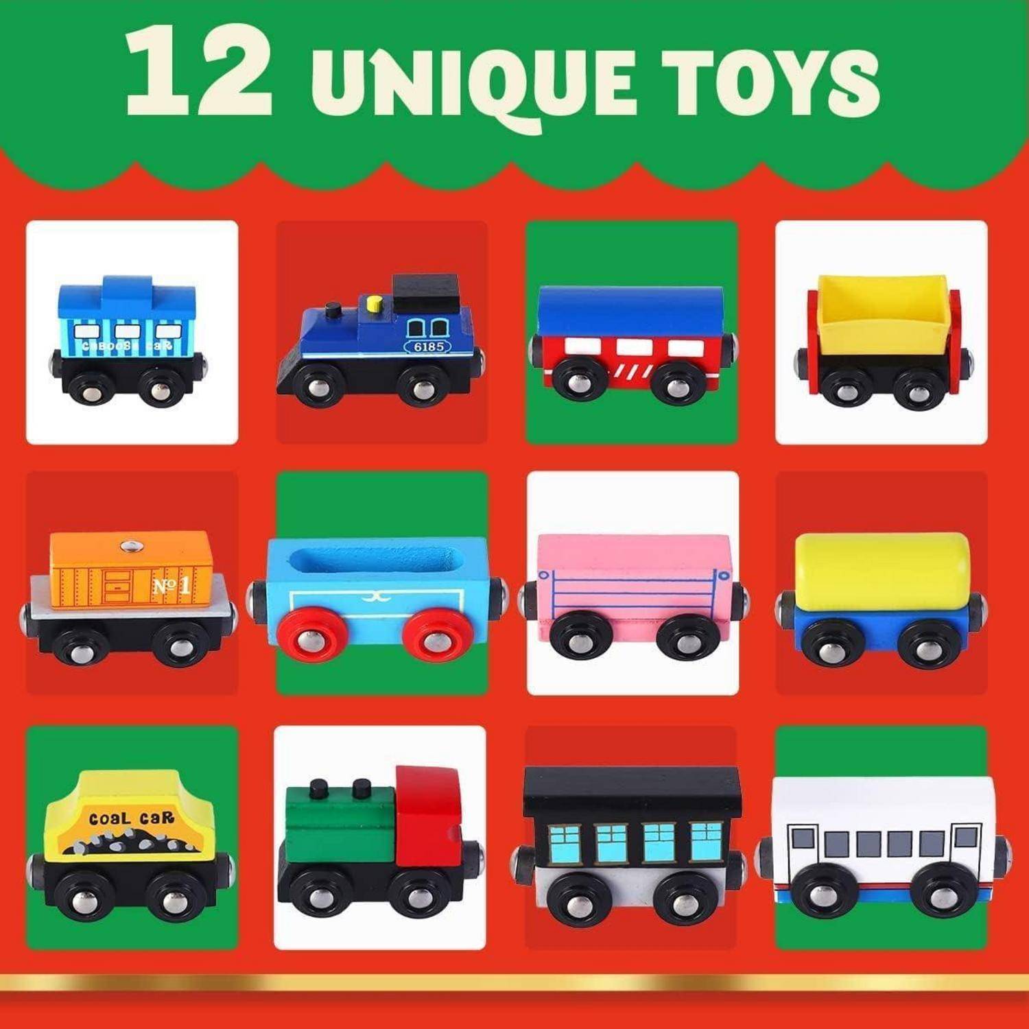 Weihnachts-Adventskalender 2024 mit 12 holzigen Waggons, magnetische