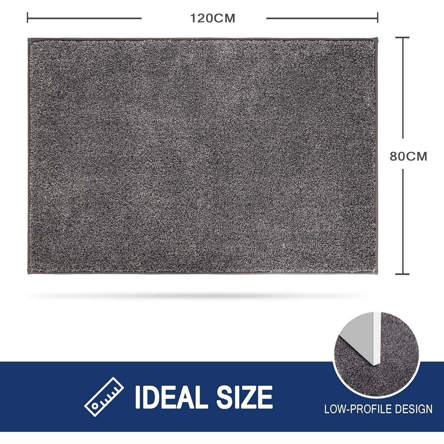 Dunkelgrauer rechteckiger Teppich mit den Maßen 120 cm x 80 cm, mit der Beschreibung ‚Ideale Größe' und einer Notiz ‚Flache Profildesign' in der Ecke.