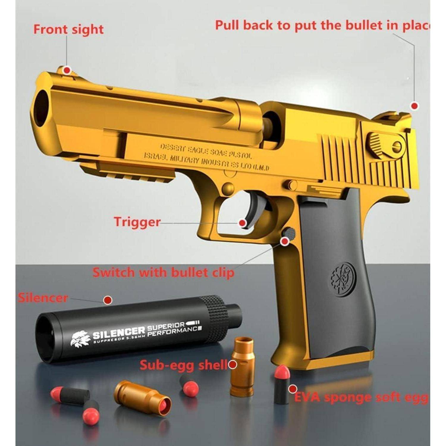 Eine goldene Spielzeugpistole mit rot beschrifteten Teilen, einschließlich Abzug, Schalldämpfer, Magazin und EVA-Schaumstoff-Weicheipatronen.