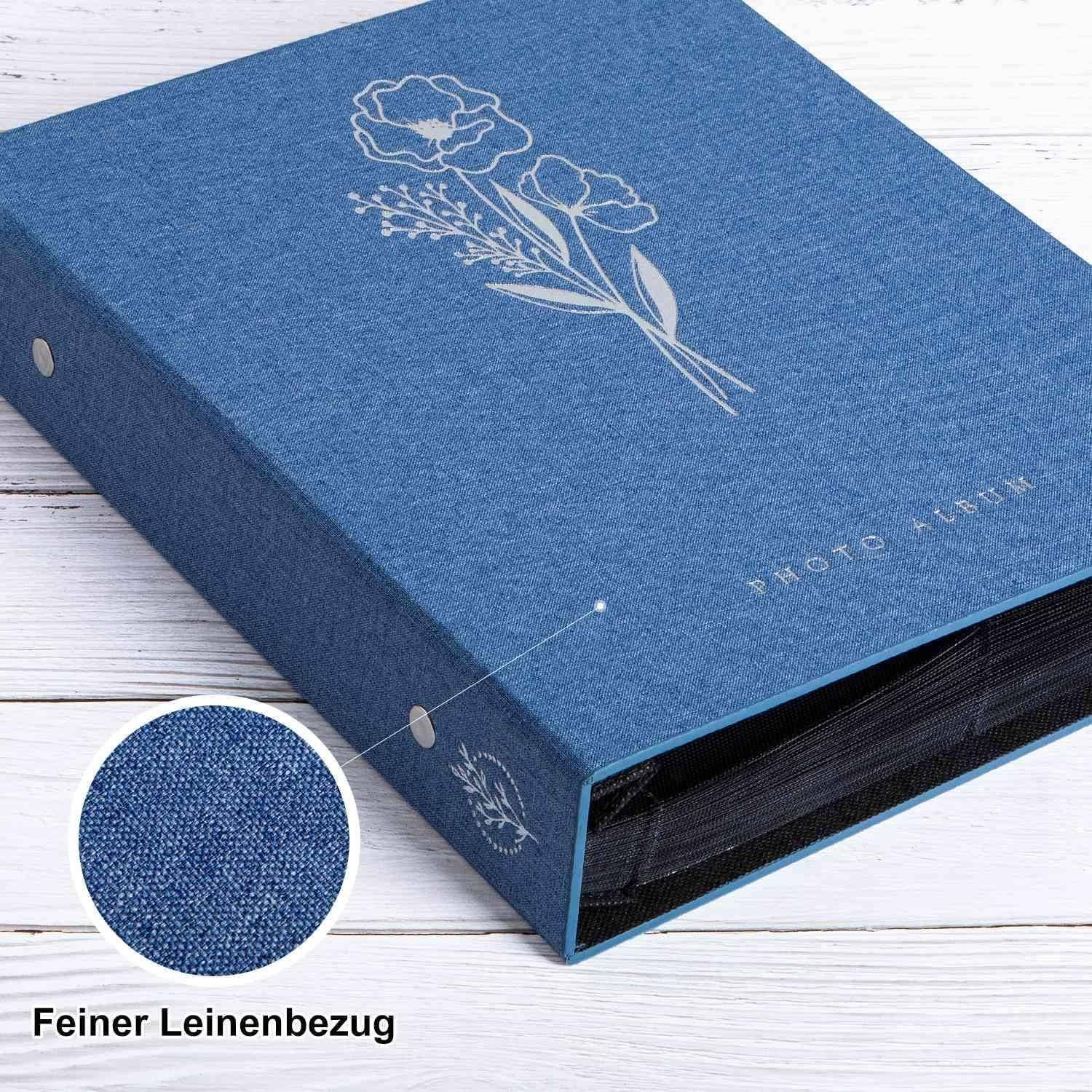 Blaues Fotoalbum mit floralem Skizzendesign und dem Text 'FOTOALBUM' auf dem Rücken. Nahaufnahme zeigt feine Leinenstruktur.