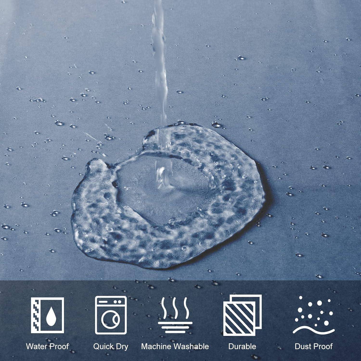 Wasser perlt auf einer Oberfläche und demonstriert die wasserfesten Eigenschaften des Gewebes. Icons darunter heben die Eigenschaften wasserdicht, schnelltrocknend, maschinenwäschetauglich, strapazierfähig und staubdicht hervor.