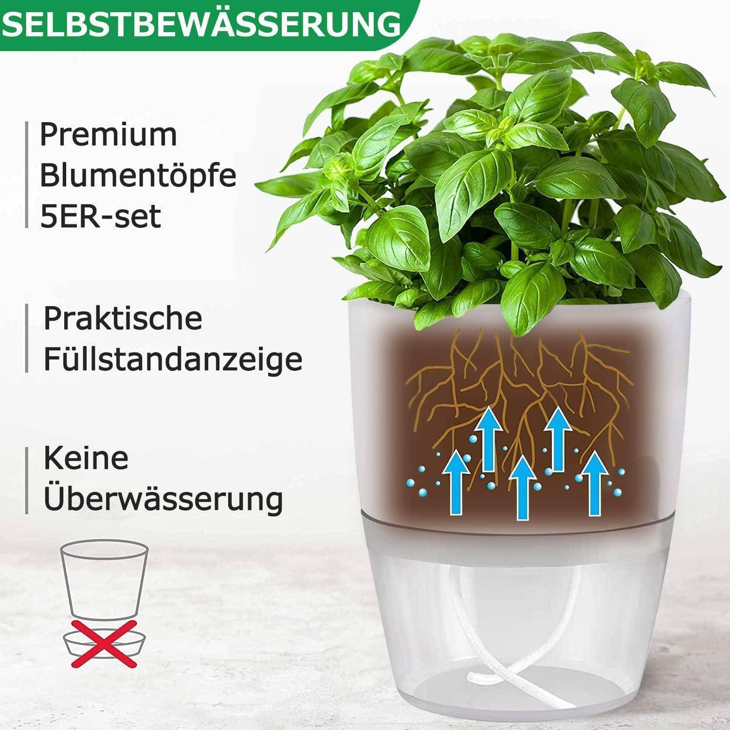 Ein selbstbewässerungstopf mit Basilikumpflanze. Zu den Merkmalen gehören hochwertiges Topf-Set, praktischer Füllstandsanzeiger und Überbewaässerungsschutz.