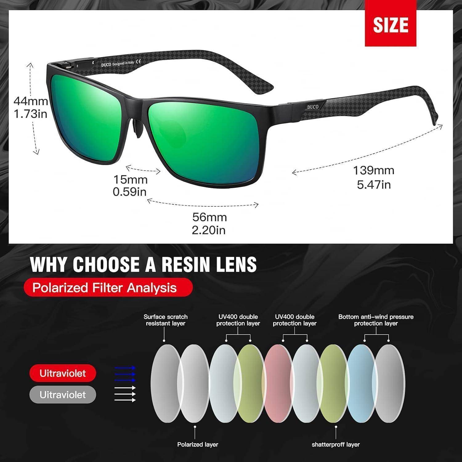 Sonnenbrille Bild mit Maßen: 44 mm Höhe, 139 mm Breite. Hervorgehobene Merkmale umfassen UV-Schutz, polarisierenden Filter, robuste Linsen.