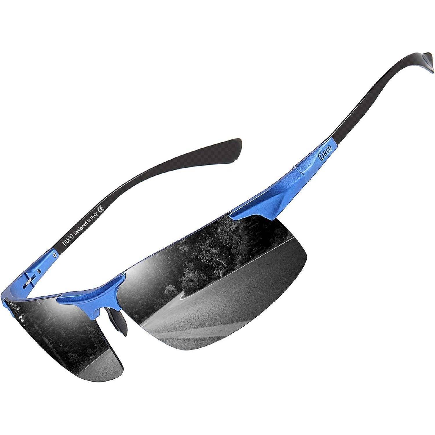 Elegante schwarze und blaue Sonnenbrille mit einem Rahmen aus Carbonfiber, die ein modernes Design präsentiert.