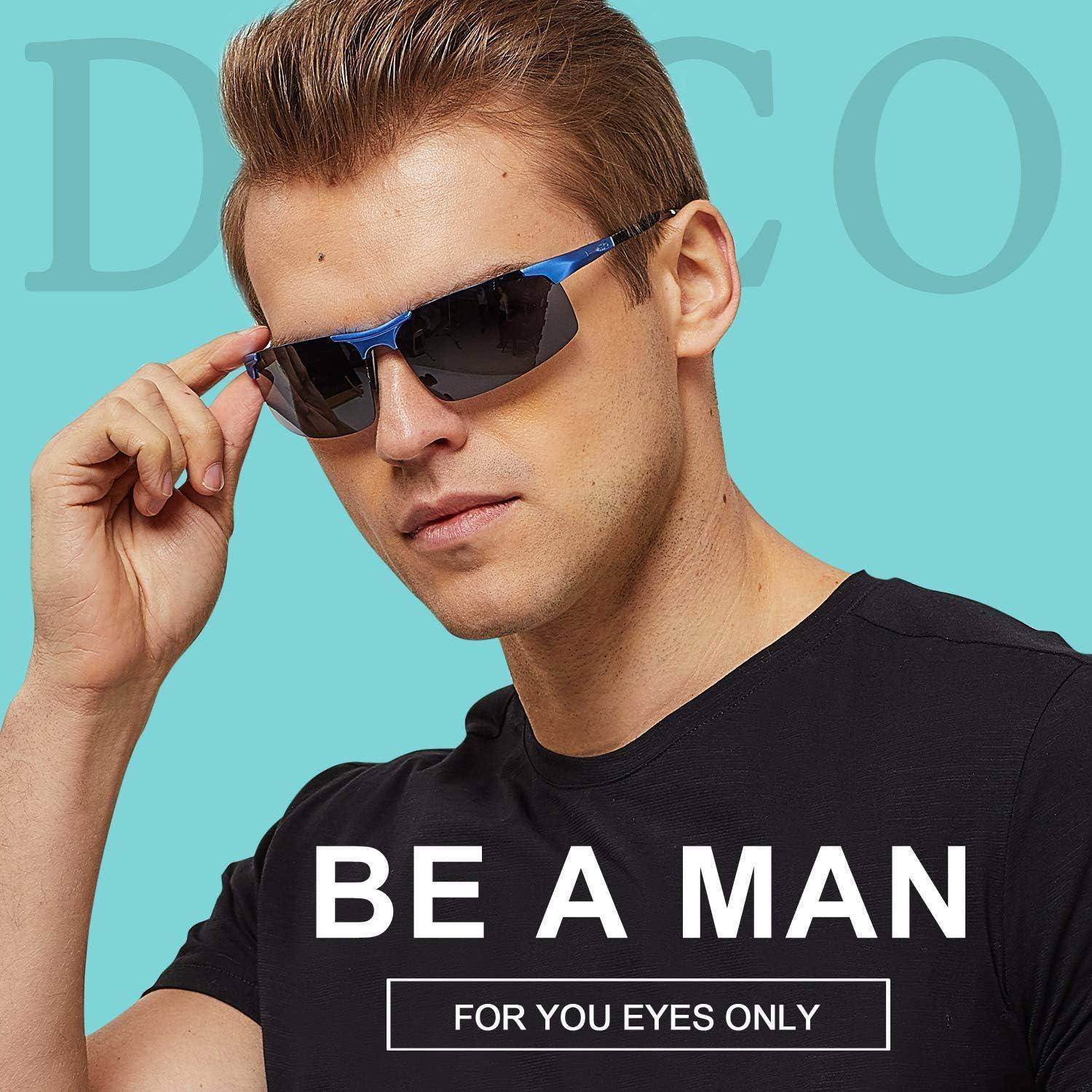 Ein Mann mit Sonnenbrille und einem schwarzen T-Shirt mit dem Text 'BE A MAN FOR YOU EYES ONLY' vor einem blauen Hintergrund.