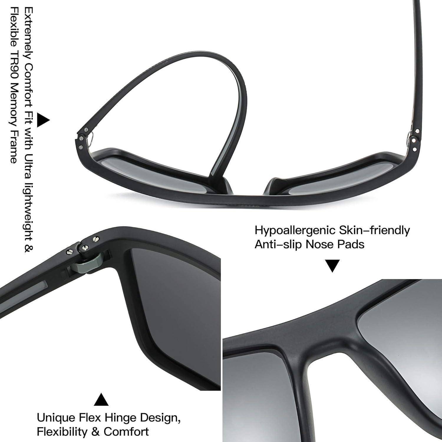 Schwarze Sonnenbrille mit flexiblem TR90-Memoryrahmen, hypoallergener Haut und flexiblem Scharnierdesign für Komfort und Langlebigkeit.