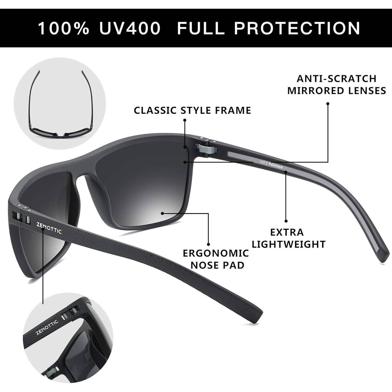 Sonnenbrille mit verspiegelten Gläsern, gekennzeichnete Merkmale sind 'klassische Rahmenform', 'kratzfest', 'besonders leicht' und 'ergonomisches Nasenpads'.