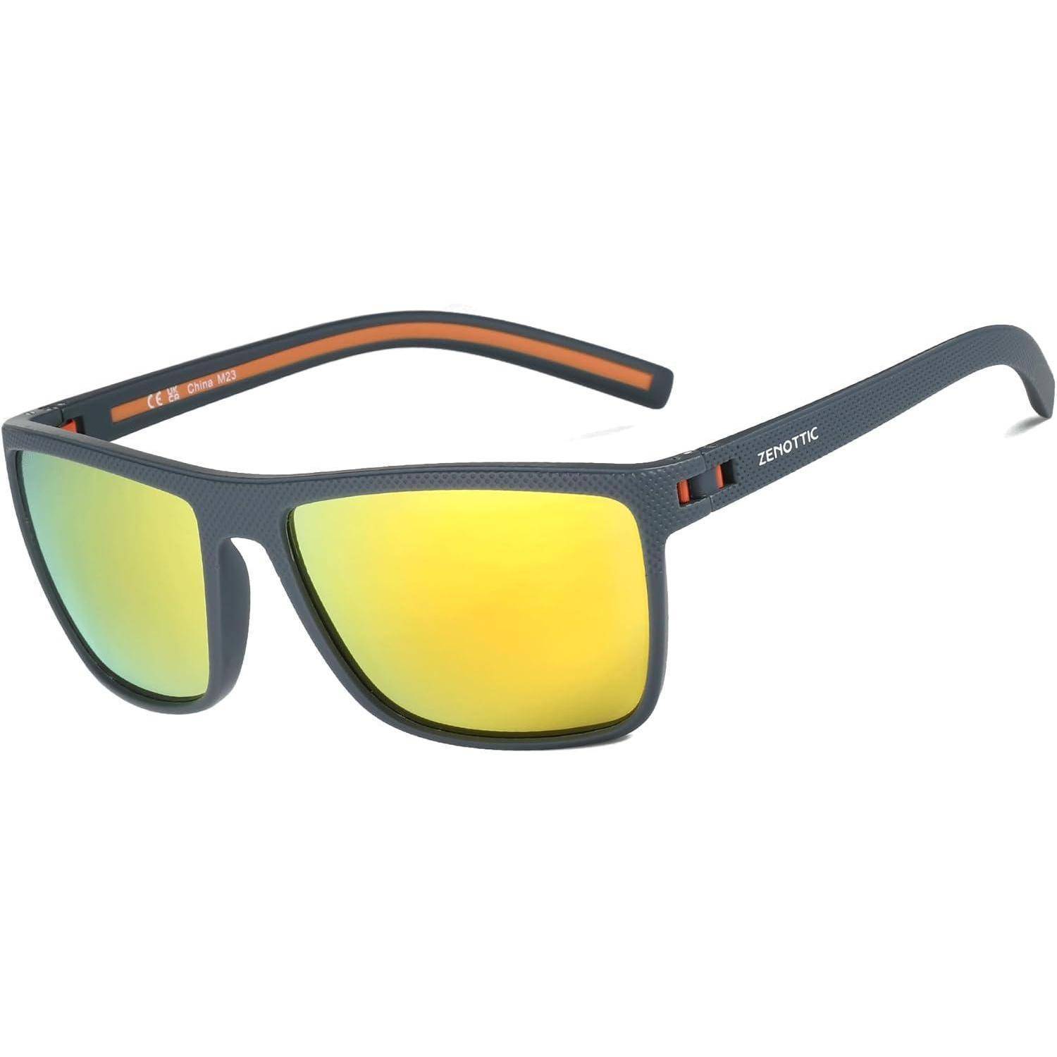 Stilvolle Sonnenbrille mit schwarzem Rahmen und gelben Reflexlinsen, mit dem Markennamen 'ZEROPTIC' am Bügel.