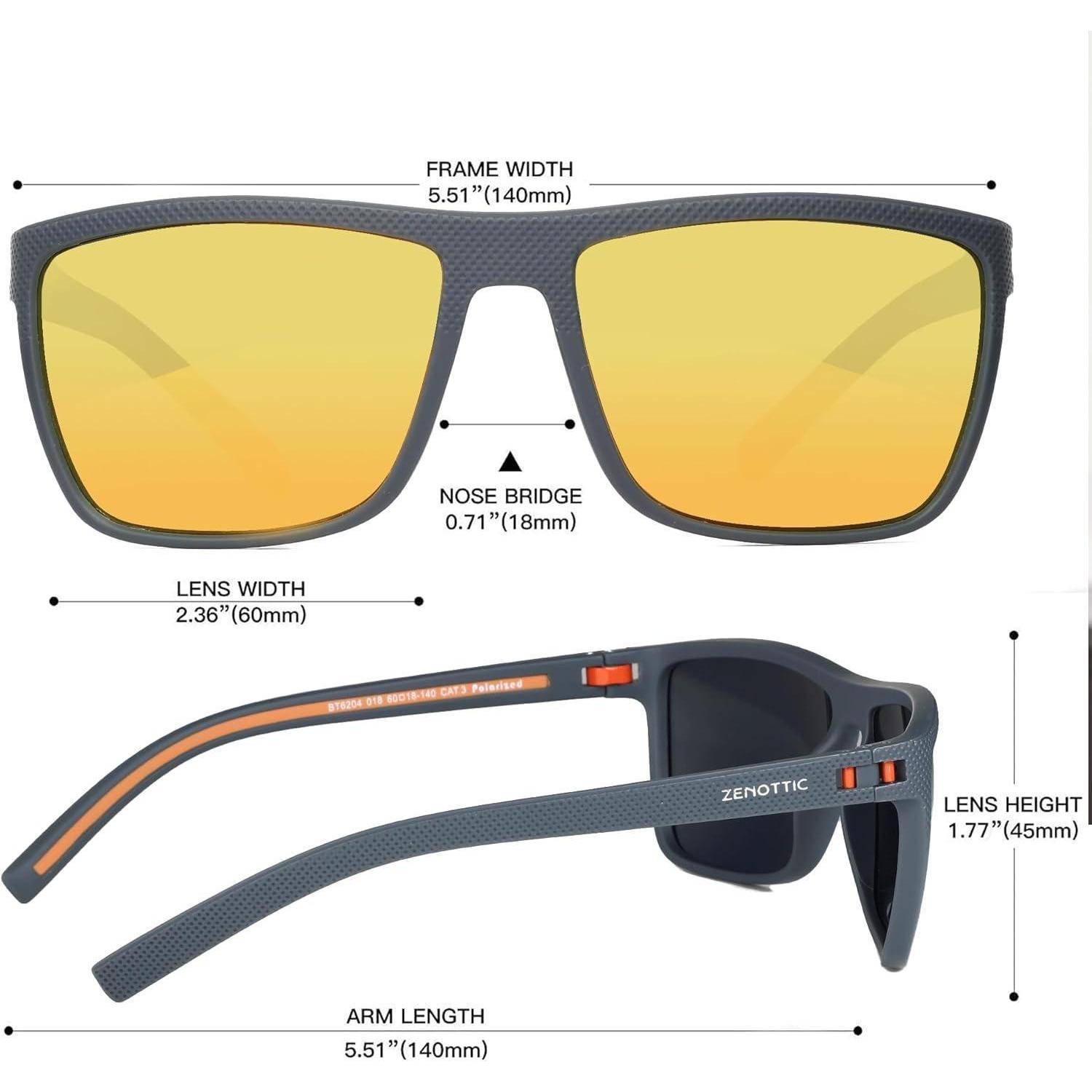 Sonnenbrille mit mattschwarzer Rahmen und gelben Gläsern. Rahmenbreite: 14 cm, Nasensteg: 1,8 cm, Glaskantenlänge: 6x4,5 cm.