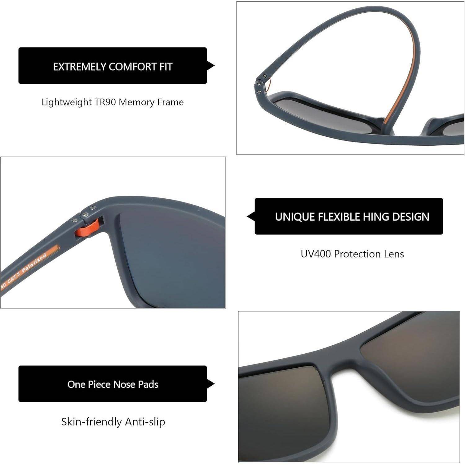 Sonnenbrille mit Eigenschaften: 'Extrem komfortable Passform', 'Leichter TR90 Memory-Rahmen', 'Einzigartige flexible Scharniergestaltung', 'UV400-Schutzlinsen', 'Einteilige Nasenpads', 'Hautfreundliche Rutschfestigkeit'.