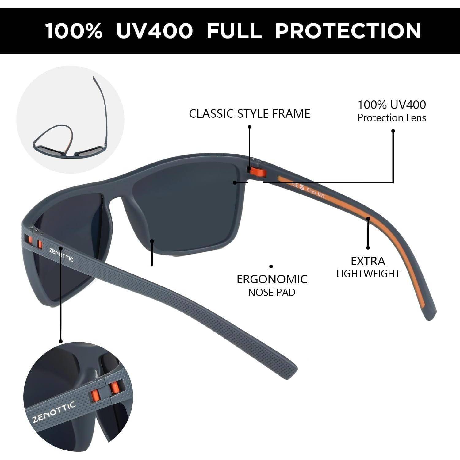 Sonnenbrille mit '100% UV400 Vollschutz' Aufschrift, ausgestattet mit klassischem Rahmen, ergonomischem Nasensteg und leichter Konstruktion.