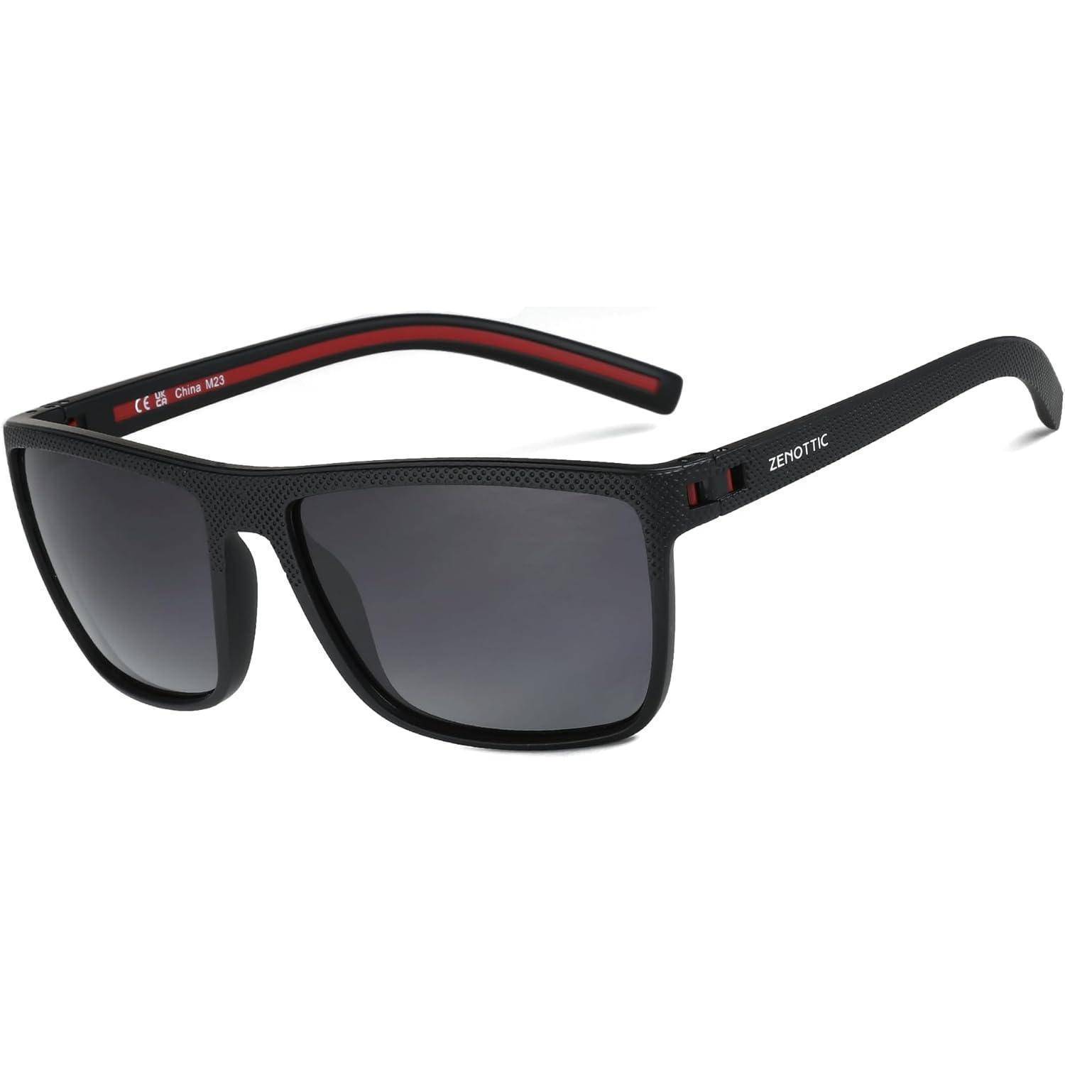 Schwarze und rote Sonnenbrille mit rechteckigen Gläsern und der Marke 'Zenottic', die an der Seite aufgedruckt ist.
