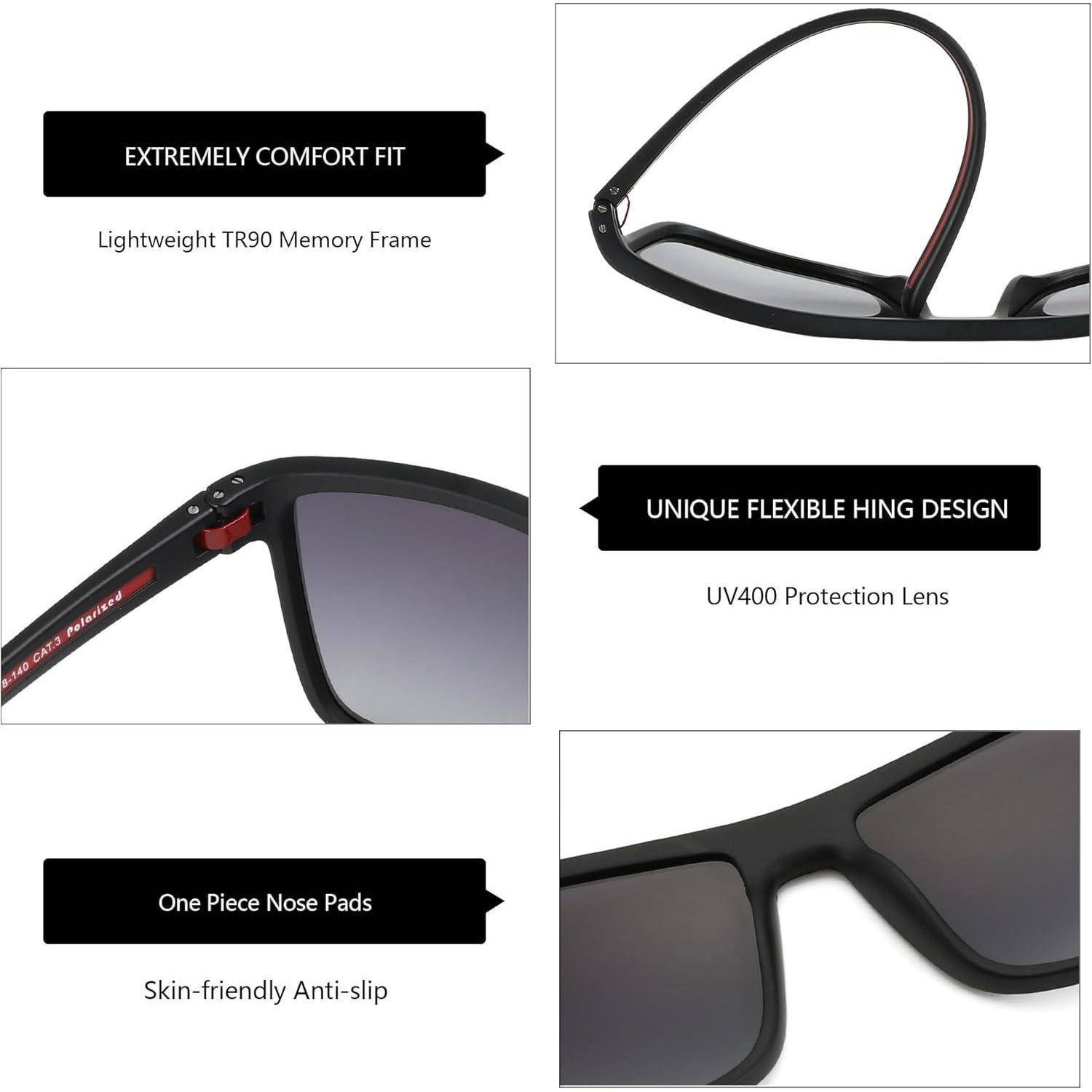 Sonnenbrille mit Texthervorhebungen: 'Extrem bequemer Sitz', 'Einzigartiges flexibles Scharnierdesign', 'Einteilige Nasenpads