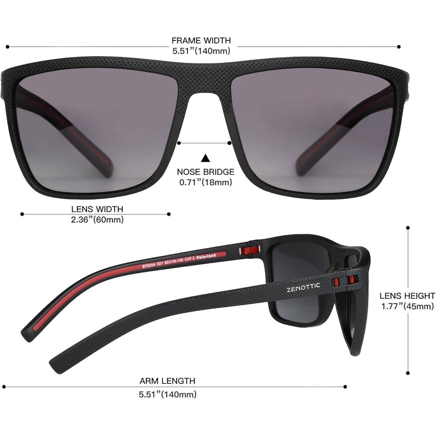 Das Bild zeigt ein Paar Sonnenbrille mit detaillierten Abmessungen: Die Rahmenbreite beträgt 5,51 Zoll, die Nasenstegbreite 0,71 Zoll und die Linsenbreite 2,36 Zoll. Die Bügellänge beträgt 5,51 Zoll und die Linsenhöhe 1,77 Zoll.