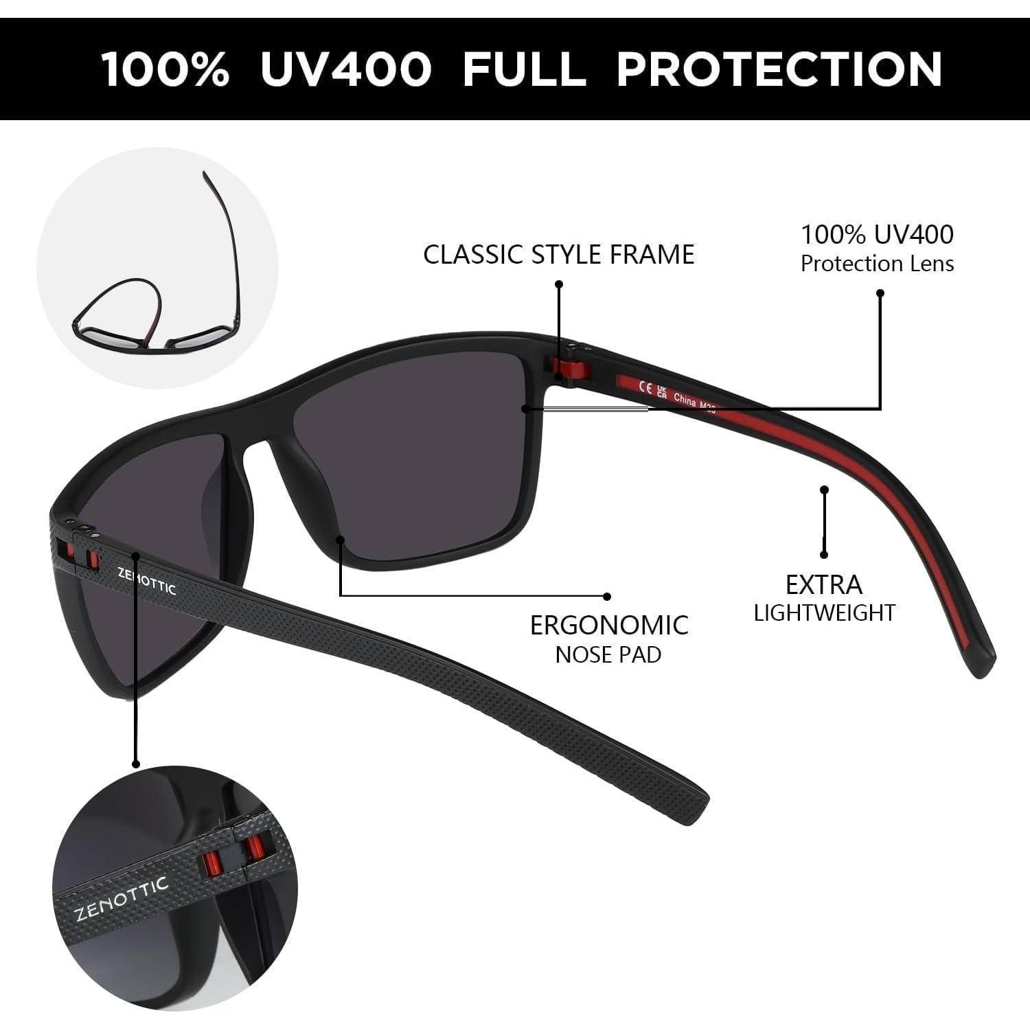 Sonnenbrille mit klassischem Rahmendesign und ergonomischem Nasenpolster, die 100% UV400-Schutz bietet. Besonders leichte Konstruktion.