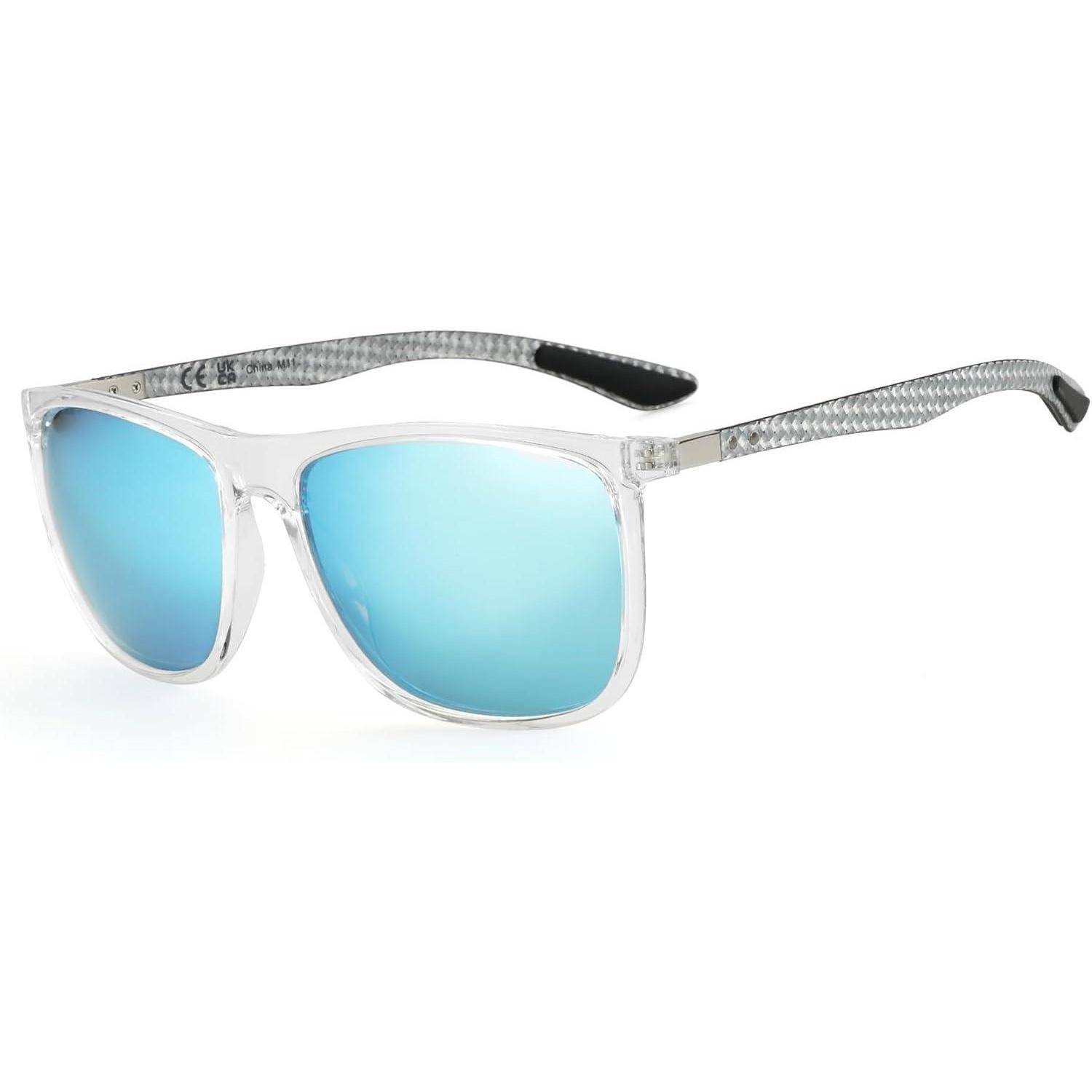 Sonnenbrille mit transparentem Rahmen und reflektierenden blauen Gläsern mit strukturierten Bügeln, Schrägansicht.